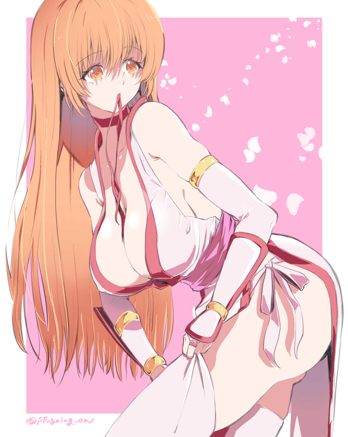 sf going on, kasumi (doa), dead or alive, highres, ass, bare shoulders, breasts, brown eyes, brown hair, cleavage, elbow gloves, gloves, large breasts, long hair, ninja, sleeveless, thighhighs