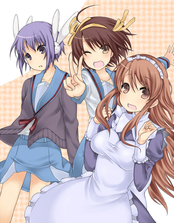 kanzume shima, asahina mikuru, nagato yuki, suzumiya haruhi, suzumiya haruhi no yuuutsu, bad id, bad pixiv id, 00s, m/, hair ribbon, maid, ribbon, smile