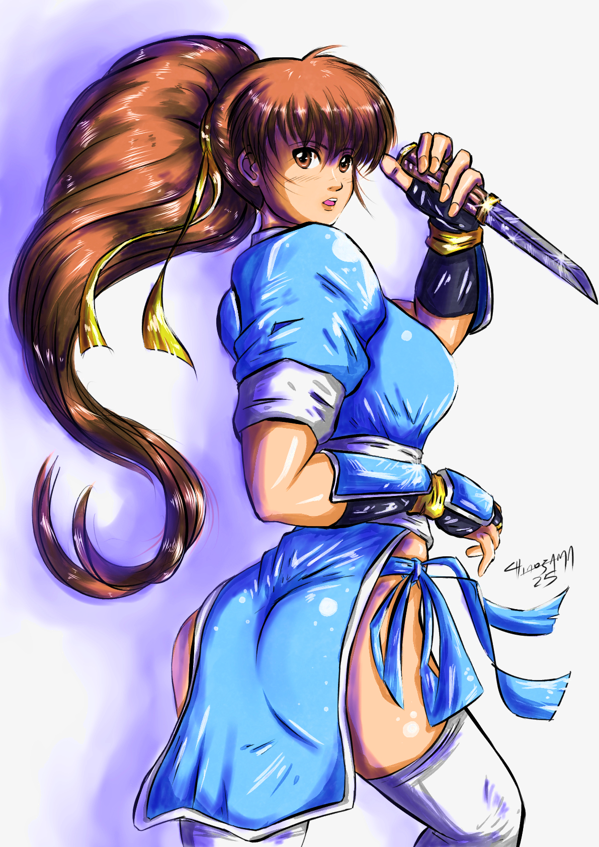 kasumi (doa), dead or alive, highres, 1girl, ass, breasts, brown hair, chinosama, from behind, large breasts, long hair, ninja, ponytail, short sleeves, sword, thighhighs, weapon
