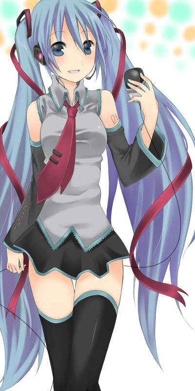 kanzume shima, hatsune miku, vocaloid, computer mouse, green eyes, green hair, long hair, ribbon, smile, solo, thighhighs, twintails, very long hair