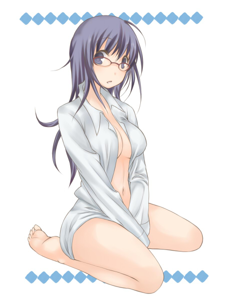 kanzume shima, bad id, bad pixiv id, barefoot, blue eyes, blue hair, dress shirt, feet, glasses, no bra, open clothes, open shirt, shirt, solo