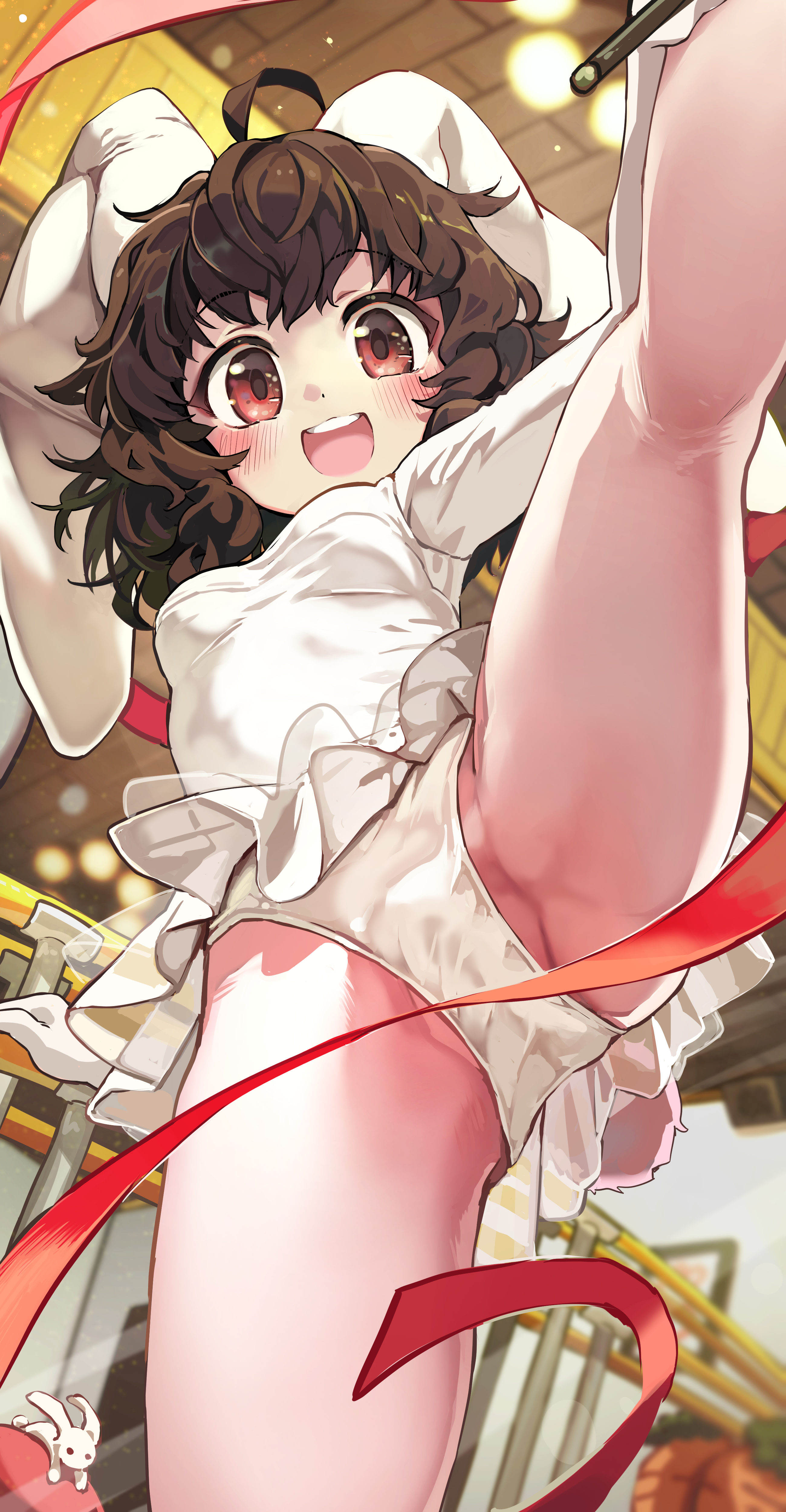 melaton, inaba mob (touhou), inaba tewi, touhou, absurdres, commentary request, highres, 1girl, :d, ahoge, alternate costume, animal ears, arm support, blurry, blurry background, blush, breasts, brown hair, dot nose, dress, floppy ears, foreshortening, frills, from below, gloves, happy, indoors, leg up, looking at viewer, medium breasts, messy hair, open mouth, panties, pantyshot, rabbit ears, red eyes, red ribbon, ribbon, round teeth, smile, solo, teeth, underwear, upper teeth only, upskirt, wavy hair, white dress, white gloves, white panties