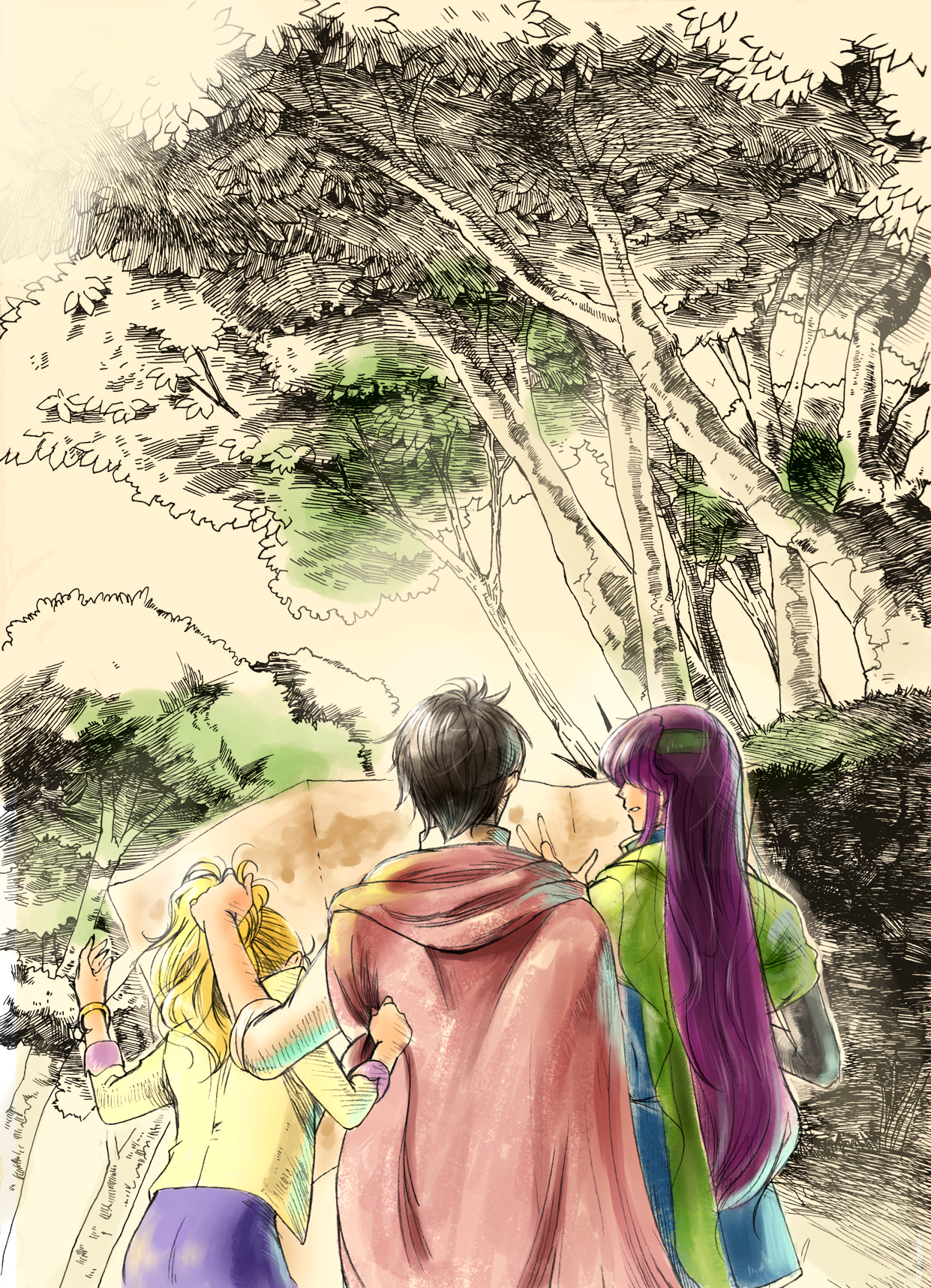 toutoumi, bartz klauser, faris scherwiz, krile mayer baldesion (ff5), final fantasy, final fantasy v, highres, 1990s (style), 1boy, 2girls, androgynous, blonde hair, cape, forest, headband, long hair, multiple girls, nature, ponytail, purple hair, reverse trap, short hair, tree