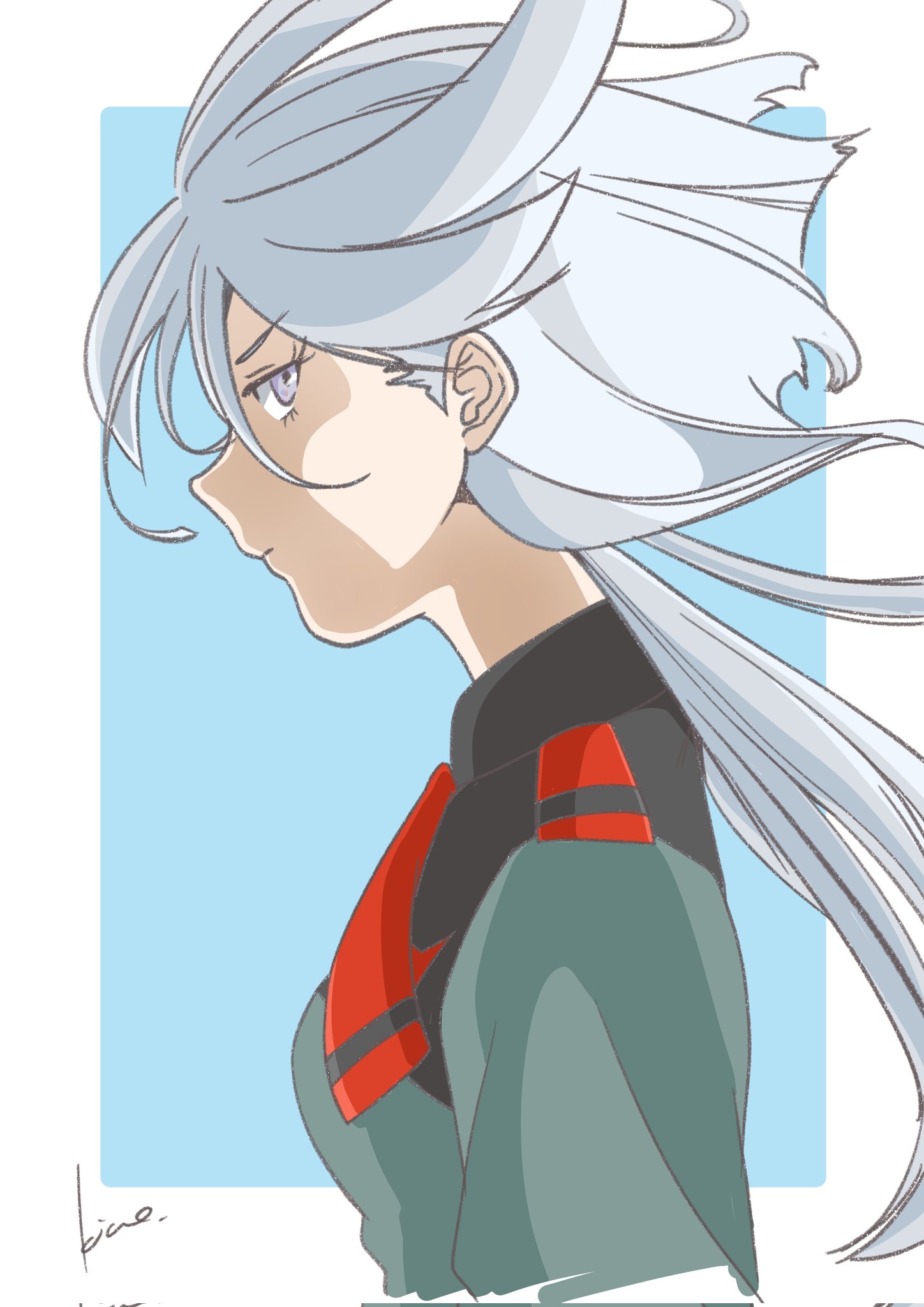 kico factory, miorine rembran, gundam, gundam suisei no majo, commentary, corrupted twitter file, highres, 1girl, asticassia school uniform, from side, long hair, looking at viewer, profile, school uniform, sideways glance, signature, solo, upper body, white hair