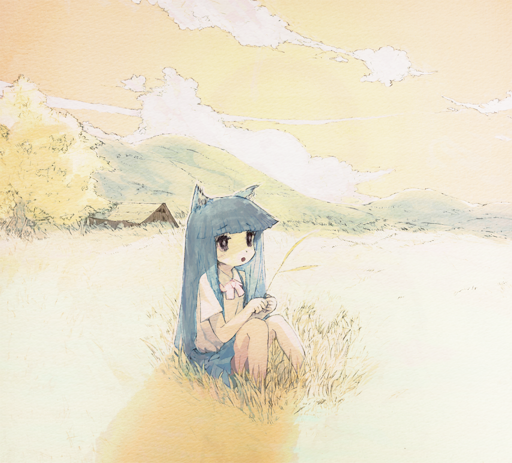 alphabet (alphabetnoon), furude rika, higurashi no naku koro ni, bad id, bad pixiv id, 00s, animal ears, blouse, blue hair, blunt bangs, cat ears, cloud, collared shirt, field, long hair, outdoors, shirt, sitting, skirt, sky, solo, suspenders, white shirt