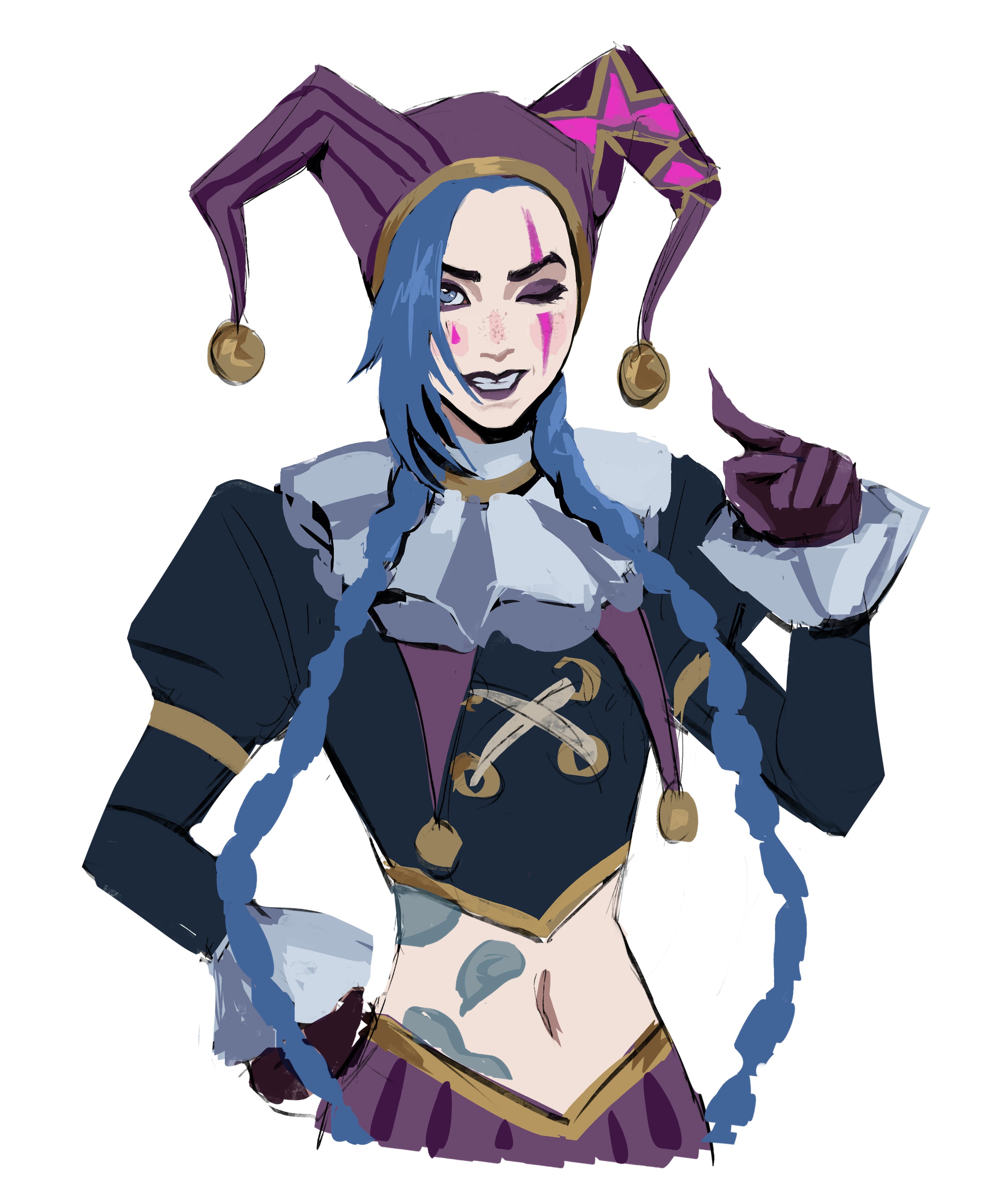 rimari (rimri4mm), arcane jinx, jinx (league of legends), arcane: league of legends, league of legends, absurdres, highres, 1girl, black shirt, blue eyes, blue hair, braid, crop top, eyeshadow, facepaint, gloves, gold trim, hand on own hip, hat, hat bell, jester, jester cap, juliet sleeves, long hair, long sleeves, makeup, midriff, navel, neck ruff, one eye closed, parted lips, puffy sleeves, purple gloves, shirt, smile, solo, teardrop facial mark, teeth, twin braids, upper body, white background
