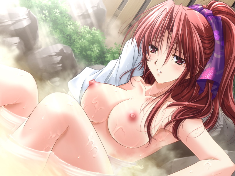 yamamoto kazue, karin (toki no senka), toki no senka, game cg, 1girl, blush, breasts, female focus, large breasts, long hair, nipples, onsen, ponytail, red eyes, red hair, solo, towel, water, wet