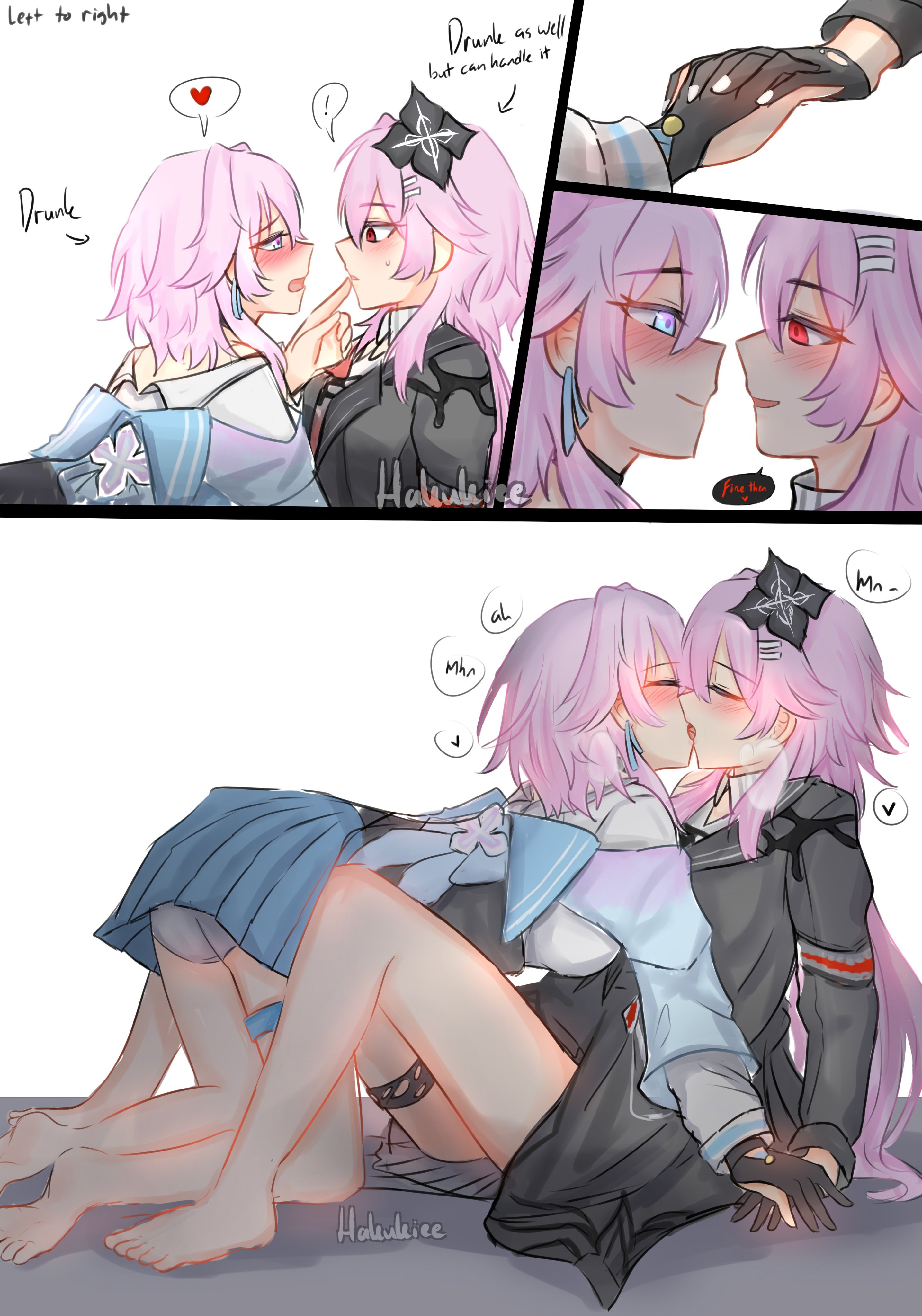 evernight (honkai: star rail), march 7th (honkai: star rail), honkai: star rail, honkai (series), absurdres, commentary, english commentary, highres, 2girls, barefoot, black dress, black gloves, blue eyes, blue skirt, blush, closed eyes, closed mouth, dress, dual persona, eye contact, french kiss, gloves, hakukiee, holding hands, interlocked fingers, kiss, long hair, looking at another, multiple girls, parted lips, pink hair, red eyes, selfcest, shirt, skirt, smile, thigh strap, white shirt, yuri