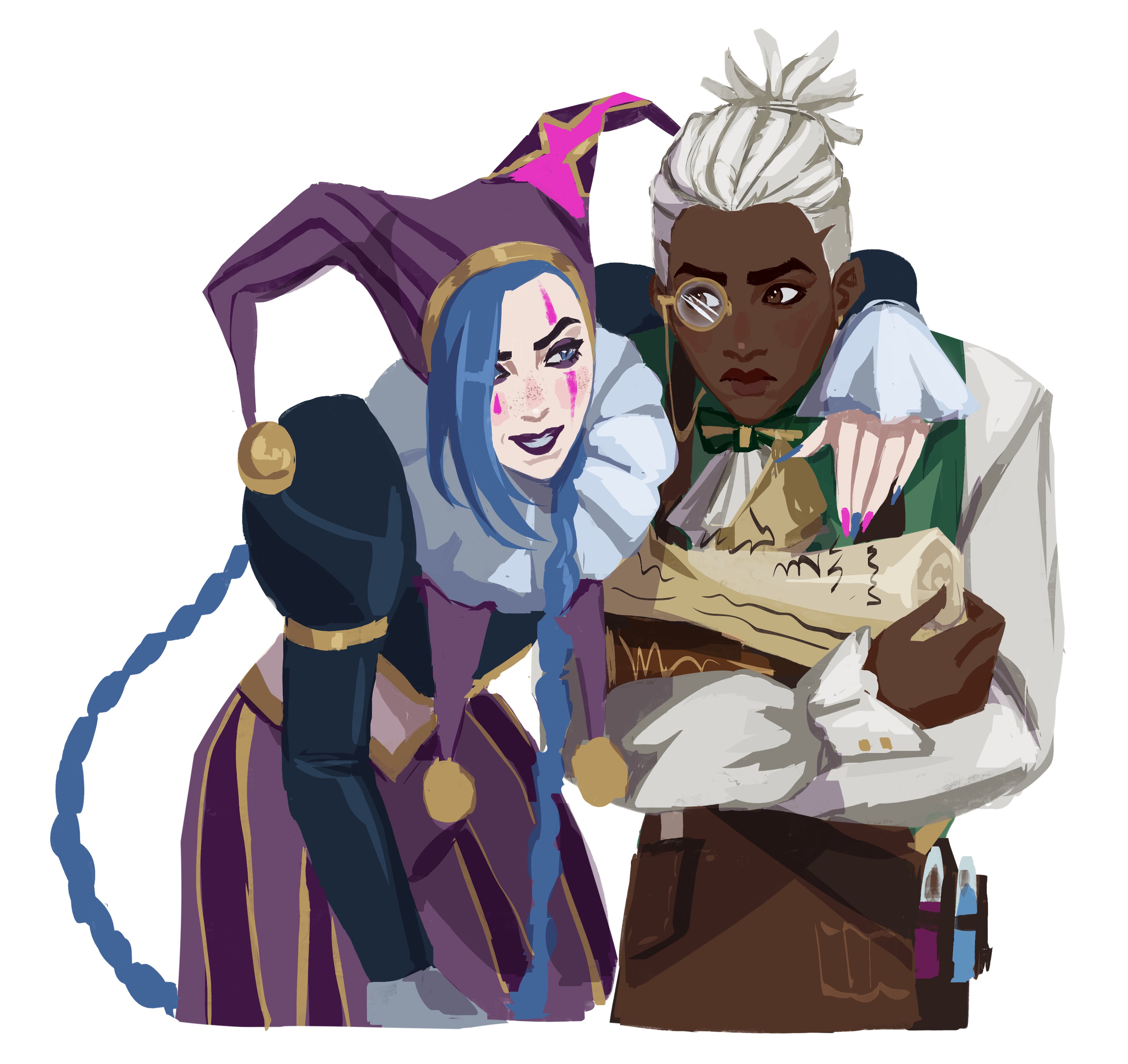 rimari (rimri4mm), arcane jinx, ekko (league of legends), firelight ekko, jinx (league of legends), arcane: league of legends, league of legends, absurdres, highres, 1boy, 1girl, apron, arm around shoulder, ascot, black shirt, blue eyes, blue hair, braid, brown apron, brown eyes, closed mouth, crop top, dark-skinned male, dark skin, dreadlocks, eyeshadow, facepaint, gold trim, green vest, hat, hat bell, holding, holding scroll, jester, jester cap, juliet sleeves, long hair, long sleeves, looking at another, makeup, midriff, monocle, navel, neck ruff, parted lips, ponytail, puffy sleeves, scroll, shirt, short hair, smile, teardrop facial mark, teeth, twin braids, upper body, vest, white ascot, white background, white hair, white shirt