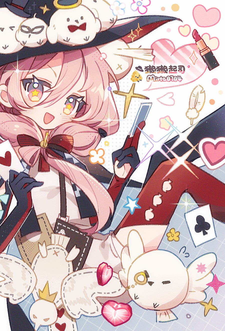 mirta, xinyue tongxing, character request, commentary, highres, symbol-only commentary, 1girl, :d, ace (playing card), ace of clubs, animal, animal on head, artist name, between fingers, bird, bird on head, black hat, blush, bow, card, card between fingers, club (shape), cosmetics, double-parted bangs, dress, elbow gloves, feet out of frame, front ponytail, gloves, hair between eyes, hair bow, hat, heart, holding, lipstick tube, long hair, looking at viewer, on head, open mouth, pink eyes, pink hair, playing card, red bow, red gloves, red thighhighs, sitting, smile, solo, sparkle, star-shaped pupils, star (symbol), symbol-shaped pupils, thighhighs, two-tone gloves, watermark, white background, white dress
