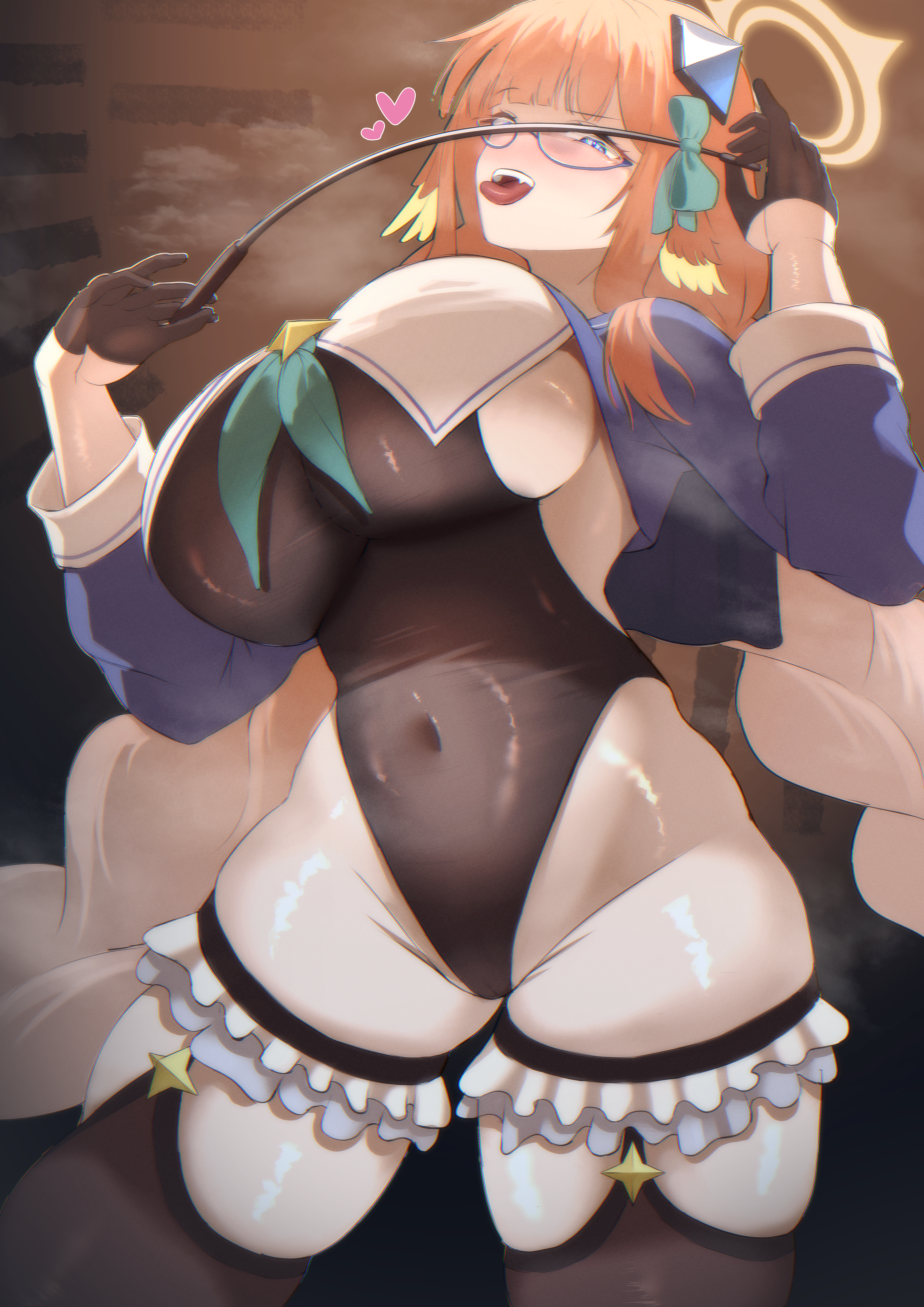 larizu, shimiko (blue archive), shimiko (magical) (blue archive), blue archive, absurdres, highres, 1girl, black leotard, blue shrug, breasts, crotchless, crotchless leotard, glasses, gloves, groin, half gloves, halo, highleg, highleg leotard, holding, holding riding crop, large breasts, leotard, official alternate costume, riding crop, shrug (clothing), solo, super highleg