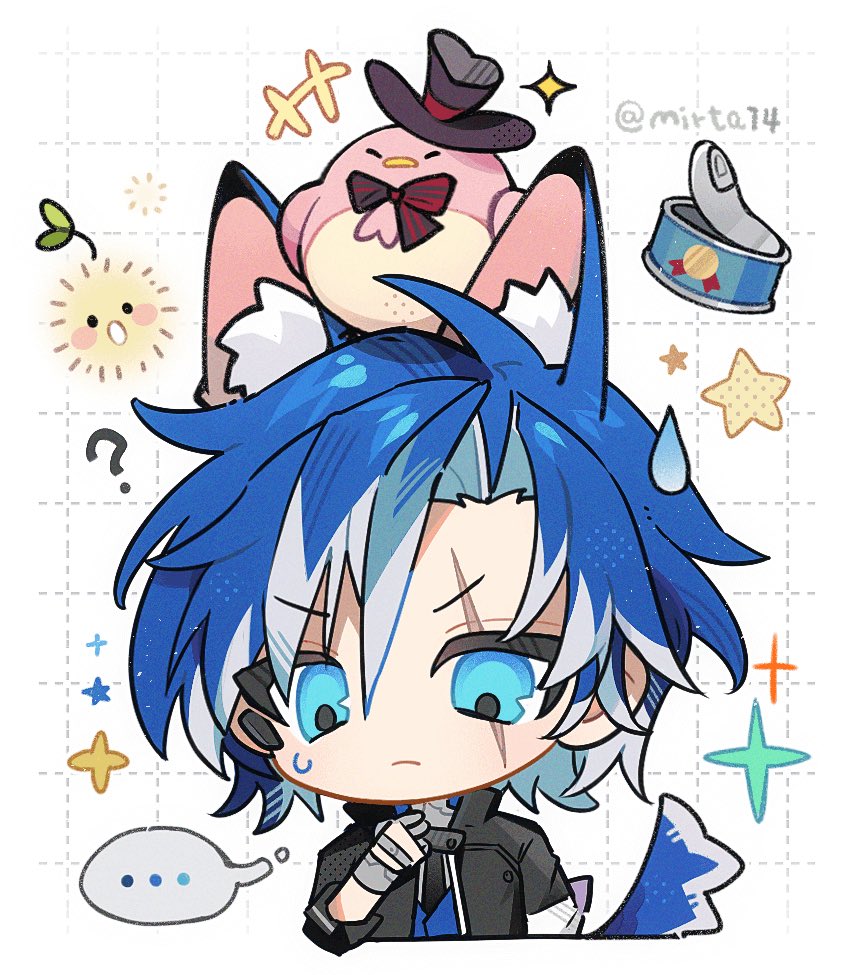 mirta, xinyue tongxing, commentary, symbol-only commentary, …, 1boy, animal, animal ear fluff, animal ears, animal on head, bird, bird on head, black hat, blue eyes, blue hair, chibi, chibi only, closed mouth, cropped torso, dog boy, dog ears, dog tail, gloves, grey gloves, grid background, hand up, hat, looking down, male focus, multicolored hair, on head, parted bangs, short hair, solo, spoken ellipsis, star (symbol), sweatdrop, tail, top hat, two-tone hair, white background, white hair