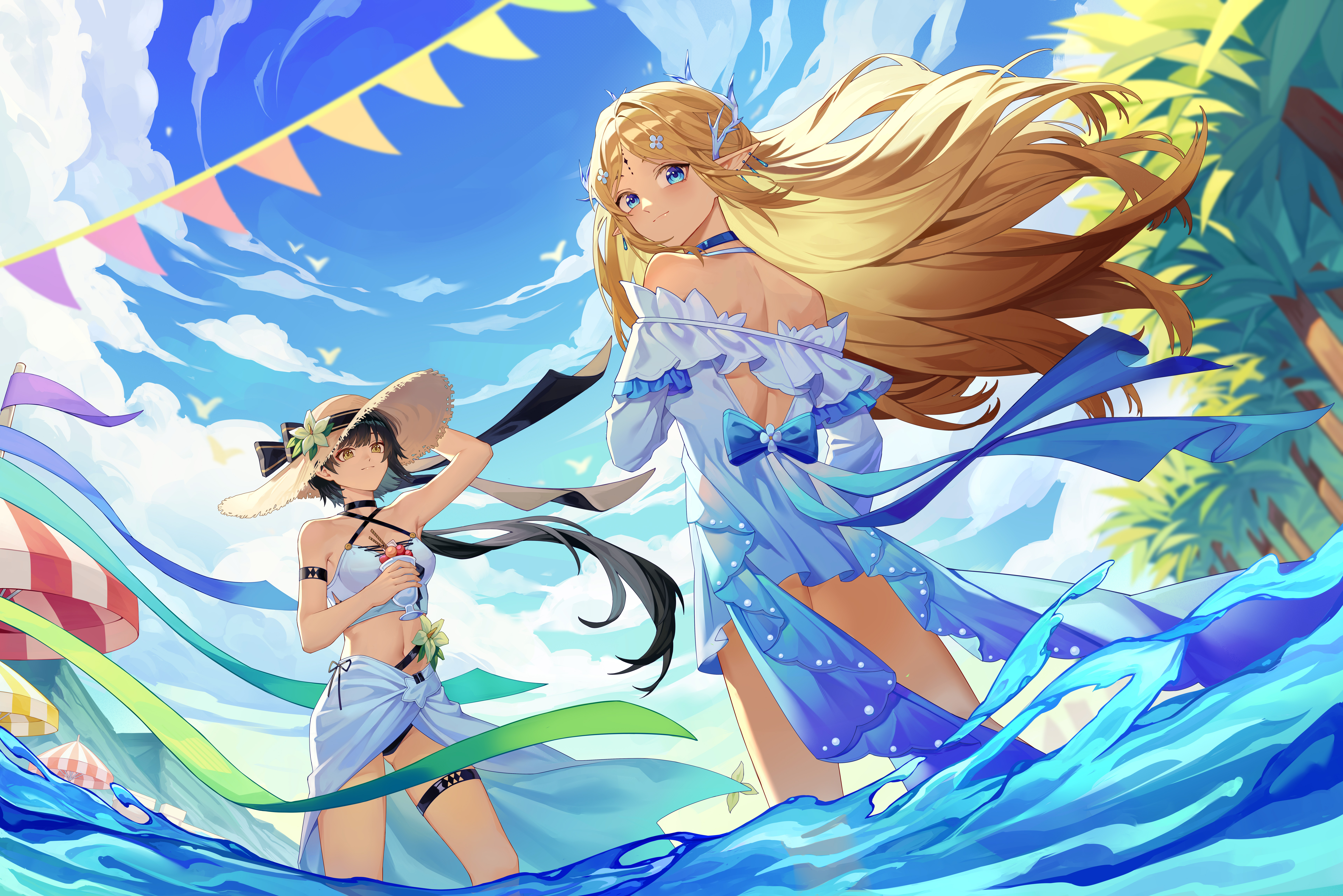 cartethyia (wuthering waves), female rover (wuthering waves), rover (wuthering waves), wuthering waves, absurdres, chinese commentary, commentary request, highres, 2girls, arm strap, arm up, bare shoulders, black hair, blonde hair, blue dress, blue eyes, blue sky, breasts, closed mouth, cup, day, dress, earrings, gradient clothes, gradient dress, hat, holding, holding cup, jewelry, long hair, looking at another, looking at viewer, looking back, medium breasts, multiple earrings, multiple girls, navel, official alternate costume, outdoors, parted bangs, pointy ears, sarong, sky, stomach, straw hat, tacet mark (wuthering waves), thigh strap, very long hair, wading, white dress, white sarong, yellow eyes, zhuqing