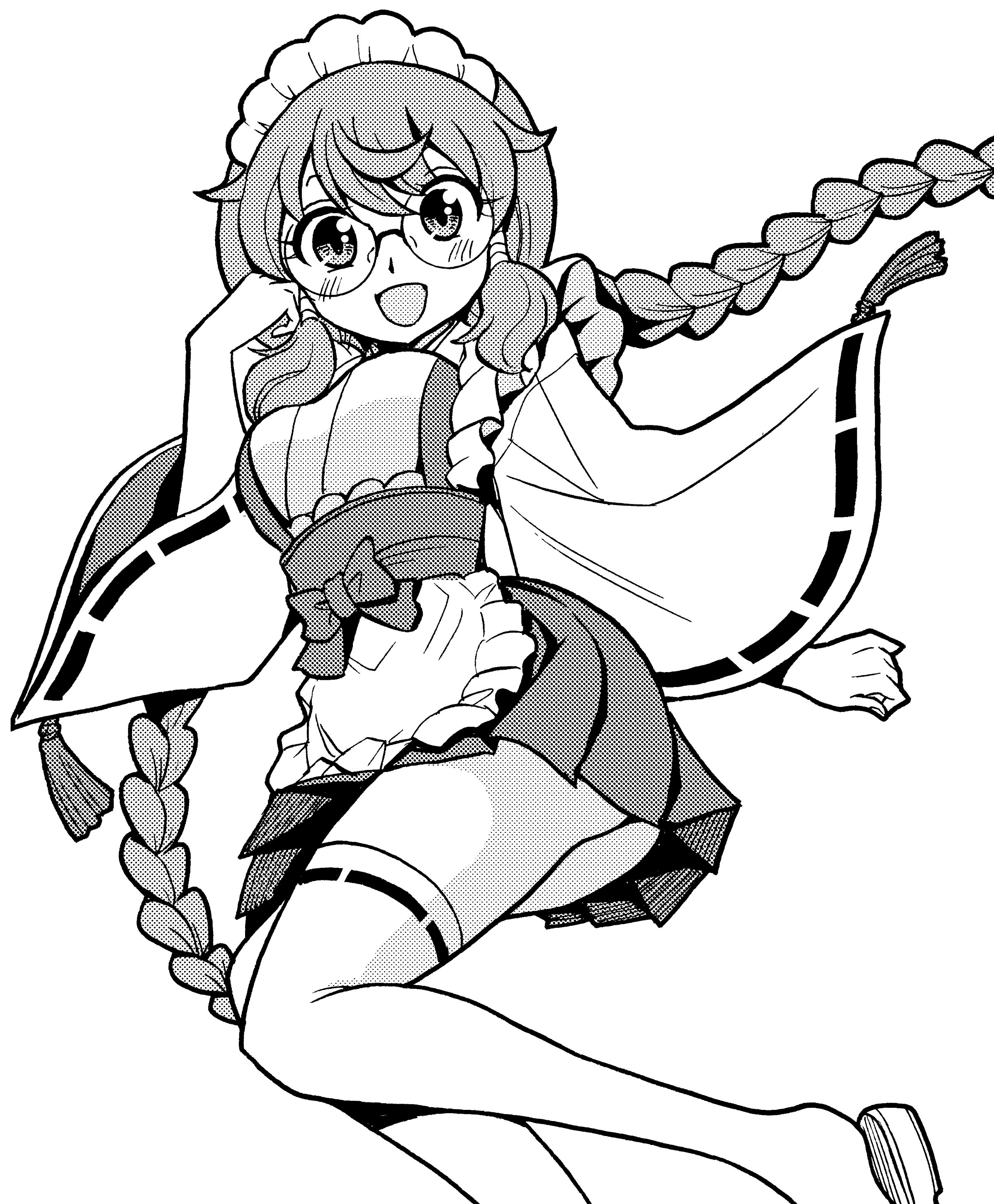 onoderakoji, original, absurdres, commentary, highres, apron, braid, frilled apron, frills, glasses, greyscale, long hair, looking at viewer, maid, maid apron, monochrome, nontraditional miko, obi, open mouth, pleated skirt, ribbon-trimmed sleeves, ribbon trim, round eyewear, sash, skirt, thighhighs, twin braids, wide sleeves