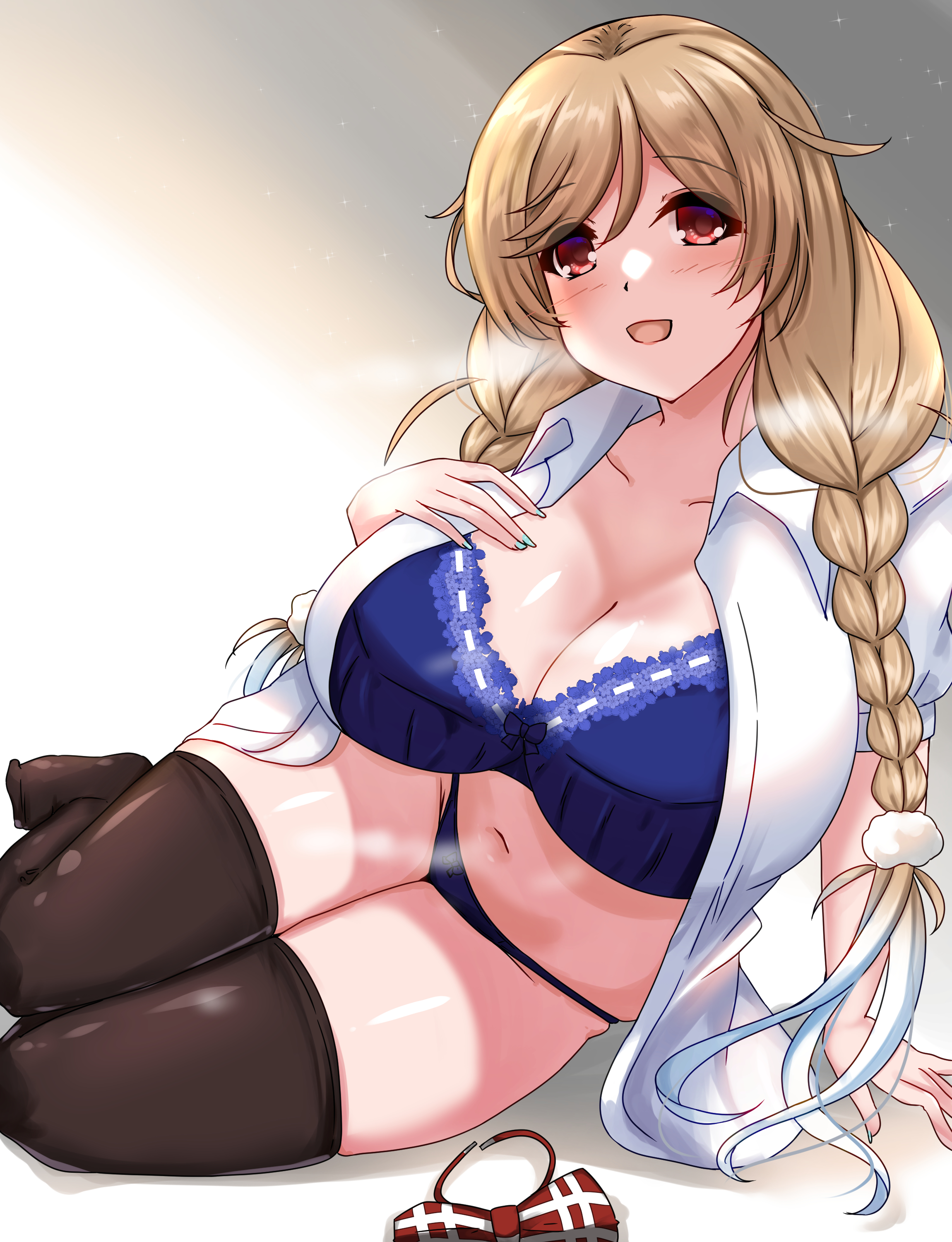shigatsu (soratobuusagi), minegumo (kancolle), kantai collection, absurdres, highres, 1girl, black thighhighs, blue bra, blue panties, blush, bow, bowtie, bra, braid, breasts, brown hair, cloud hair ornament, large breasts, long hair, looking at viewer, lying, open clothes, open mouth, open shirt, panties, red eyes, shirt, solo, thighhighs, twin braids, underwear, white shirt