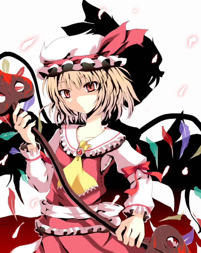 nejime, flandre scarlet, touhou, bad id, bad pixiv id, 1girl, blonde hair, blood, bow, female focus, hat, high contrast, laevatein, red eyes, ribbon, solo, white background, wings
