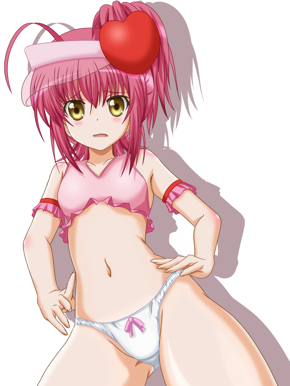 takumi (rozen garten), amulet heart, hinamori amu, shugo chara!, visor, highres, 1girl, armband, blush, bottomless, bow, bow panties, female focus, from below, hands on own hips, magical girl, navel, no pants, panties, pink hair, ponytail, solo, underwear, visor cap, yellow eyes