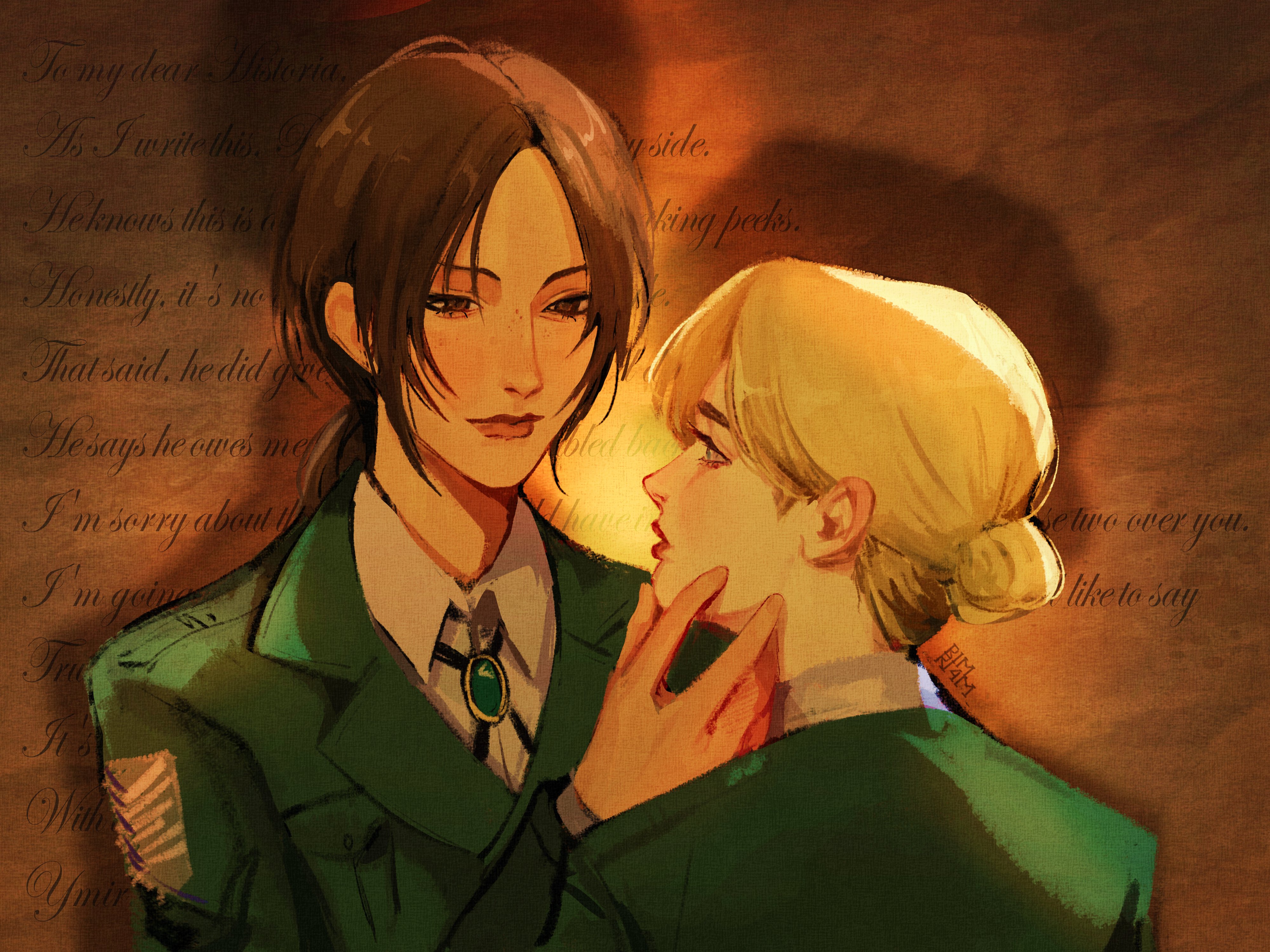 rimari (rimri4mm), krista lenz, ymir (shingeki no kyojin), shingeki no kyojin, absurdres, highres, 2girls, artist name, blonde hair, bolo tie, brown eyes, brown hair, closed mouth, collared shirt, english text, freckles, gem, green gemstone, green jacket, hair bun, hand on another's cheek, hand on another's face, jacket, looking at another, low ponytail, military jacket, military uniform, multiple girls, parted bangs, parted lips, ponytail, shirt, survey corps (emblem), upper body, white shirt, yuri