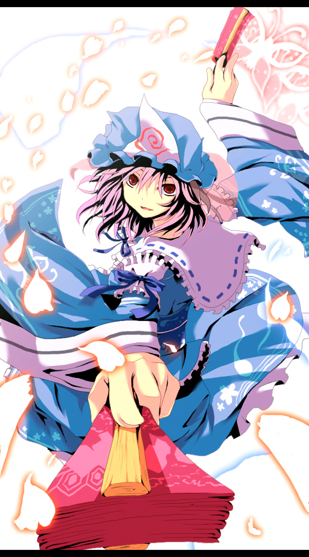 nejime, saigyouji yuyuko, touhou, bad id, bad pixiv id, 1girl, bow, bug, butterfly, dress, female focus, hand fan, hat, insect, japanese clothes, kimono, letterboxed, petals, pink hair, red eyes, ribbon, solo, white background