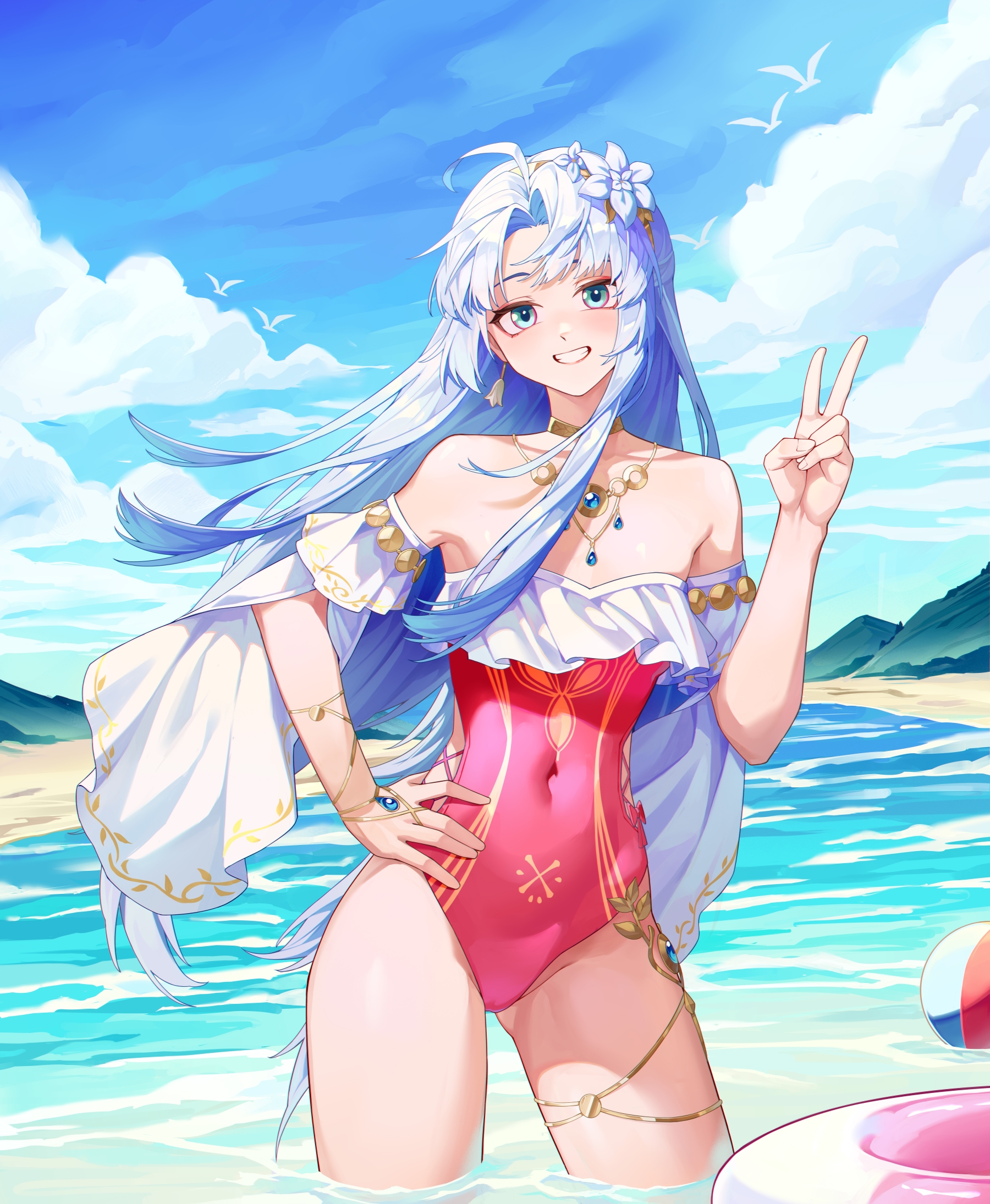 carlotta (splashing summer) (wuthering waves), carlotta (wuthering waves), wuthering waves, chinese commentary, commentary request, highres, 1girl, ahoge, aqua eyes, ball, bare shoulders, beachball, blue sky, casual one-piece swimsuit, covered navel, day, frilled one-piece swimsuit, frills, grin, hand on own hip, hand up, long hair, looking at viewer, off-shoulder one-piece swimsuit, off shoulder, official alternate costume, one-piece swimsuit, outdoors, pink one-piece swimsuit, sky, smile, solo, swimsuit, thighs, v, wading, white hair, zhuqing