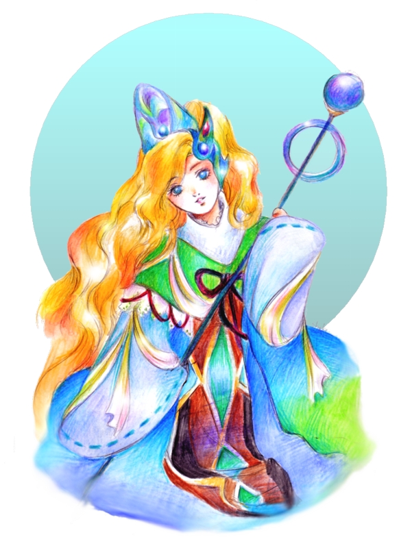 shokoshoko, leonora, final fantasy, final fantasy iv, final fantasy iv: the after years, bad id, bad pixiv id, 1990s (style), 1girl, blonde hair, blue eyes, female focus, hat, long hair, solo, staff, very long hair