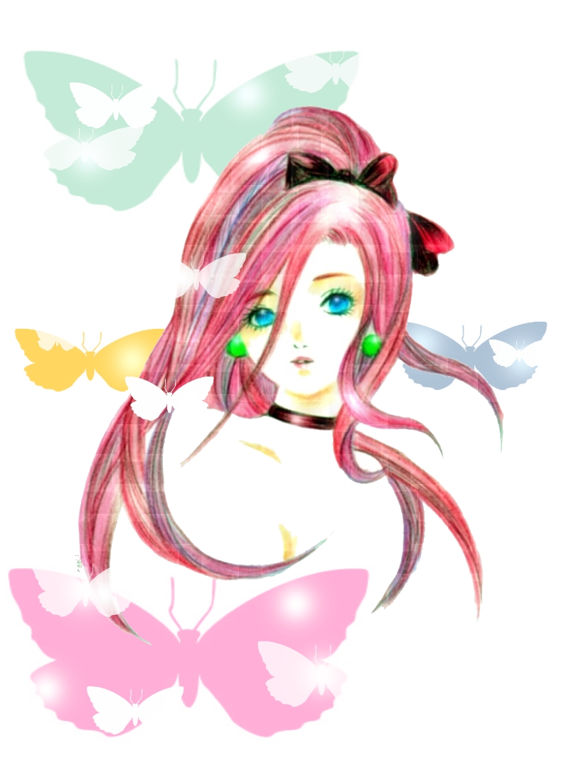 shokoshoko, porom, porom (adult), final fantasy, final fantasy iv, final fantasy iv: the after years, bad id, bad pixiv id, 1990s (style), 1girl, aged up, blue eyes, bug, butterfly, earrings, female focus, insect, jewelry, long hair, pink hair, ponytail, retro artstyle, solo