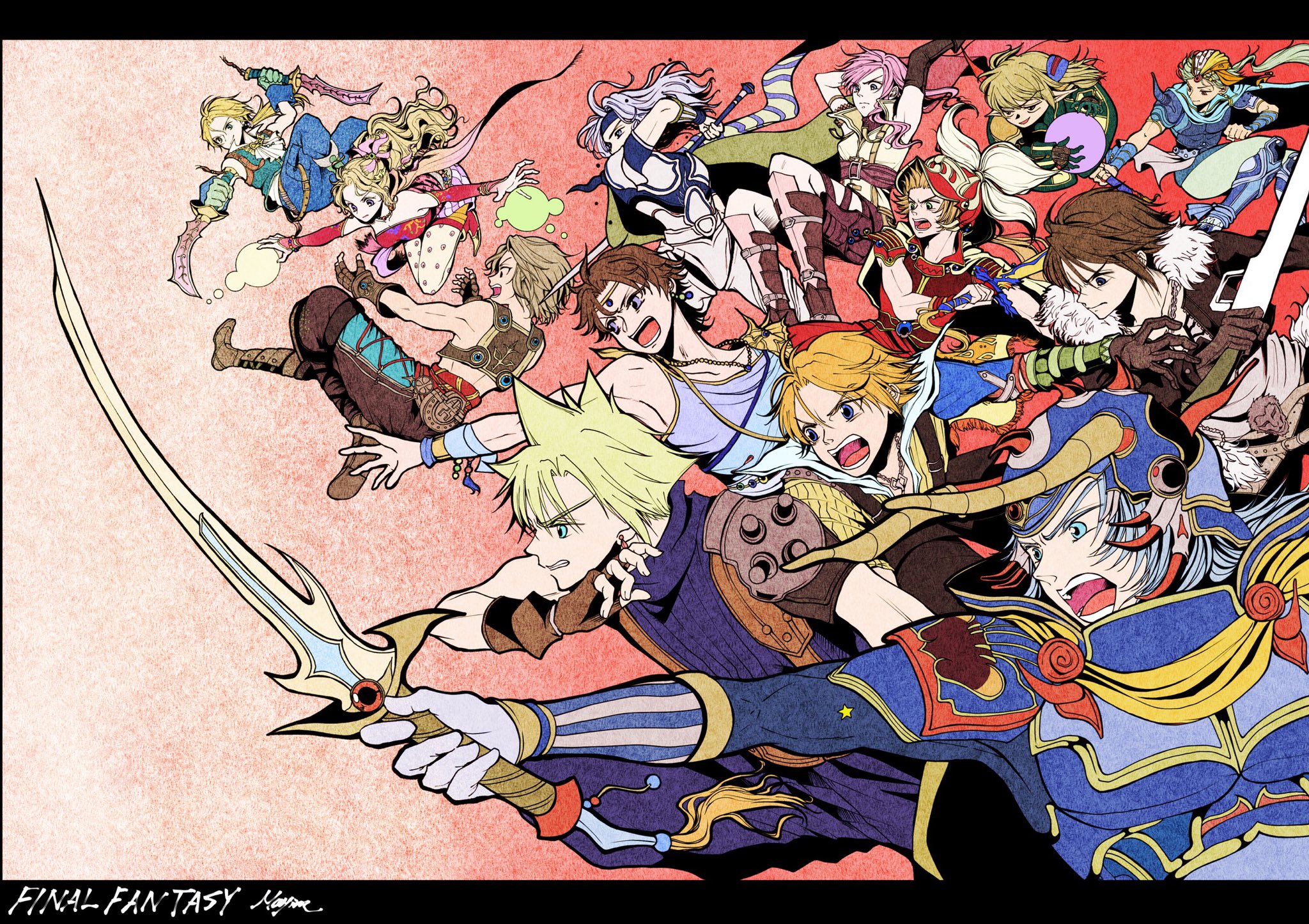 mayim, bartz klauser, cecil harvey, cloud strife, firion, lightning farron, onion knight, shantotto, squall leonhart, tidus, tina branford, vaan (ff12), warrior of light (ff1), zidane tribal, blue archive, dissidia final fantasy, final fantasy, final fantasy i, final fantasy ii, final fantasy iii, final fantasy iv, final fantasy ix, final fantasy v, final fantasy vi, final fantasy vii, final fantasy viii, final fantasy x, final fantasy xi, final fantasy xii, final fantasy xiii, highres, 2girls, 6+girls, armor, armored boots, black gloves, black jacket, black overalls, blonde hair, blue eyes, blue headband, blue pants, blue shirt, boots, breasts, brown boots, brown gloves, brown hair, cape, collared shirt, copyright name, cropped vest, dagger, dress, dual wielding, elbow gloves, fake horns, fighting stance, fingerless gloves, full body, fur-trimmed jacket, fur trim, furrowed brow, gloves, green vest, grey hair, gunblade, hair between eyes, hair over shoulder, headband, headscarf, helmet, holding, holding dagger, holding knife, holding sword, holding weapon, horned helmet, horns, jacket, knife, long hair, low ponytail, medium breasts, midriff, multiple girls, overalls, panties, pants, parted bangs, pauldrons, pink hair, plume, pointy ears, ponytail, print panties, red armor, red background, red dress, red helmet, red sleeves, sash, scar, scar on face, scar on forehead, shirt, short hair, shoulder armor, single elbow glove, single pauldron, single sidelock, sleeveless, sleeveless turtleneck, spiked hair, suspenders, sword, tarutaru, turtleneck, underwear, upper body, vest, waist sash, wavy hair, weapon, white shirt, yellow cape
