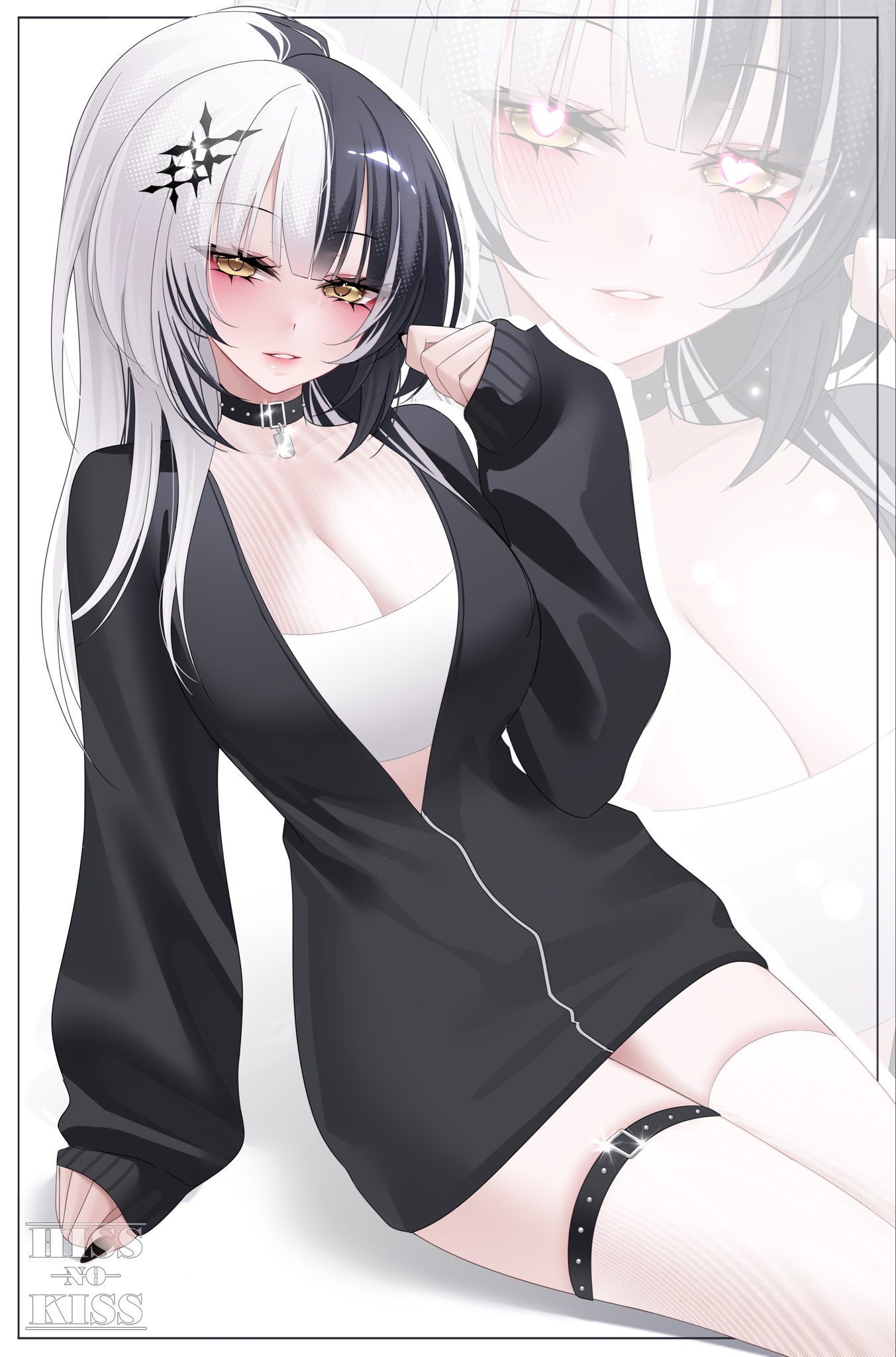hissnokiss, shiori novella, hololive, hololive english, highres, 1girl, alternate costume, artist name, black choker, black hair, black jacket, black nails, breasts, choker, cleavage, jacket, large breasts, long hair, looking at viewer, multicolored hair, ponytail, solo, split-color hair, thigh strap, thighhighs, two-tone hair, white hair, white thighhighs, yellow eyes, zoom layer