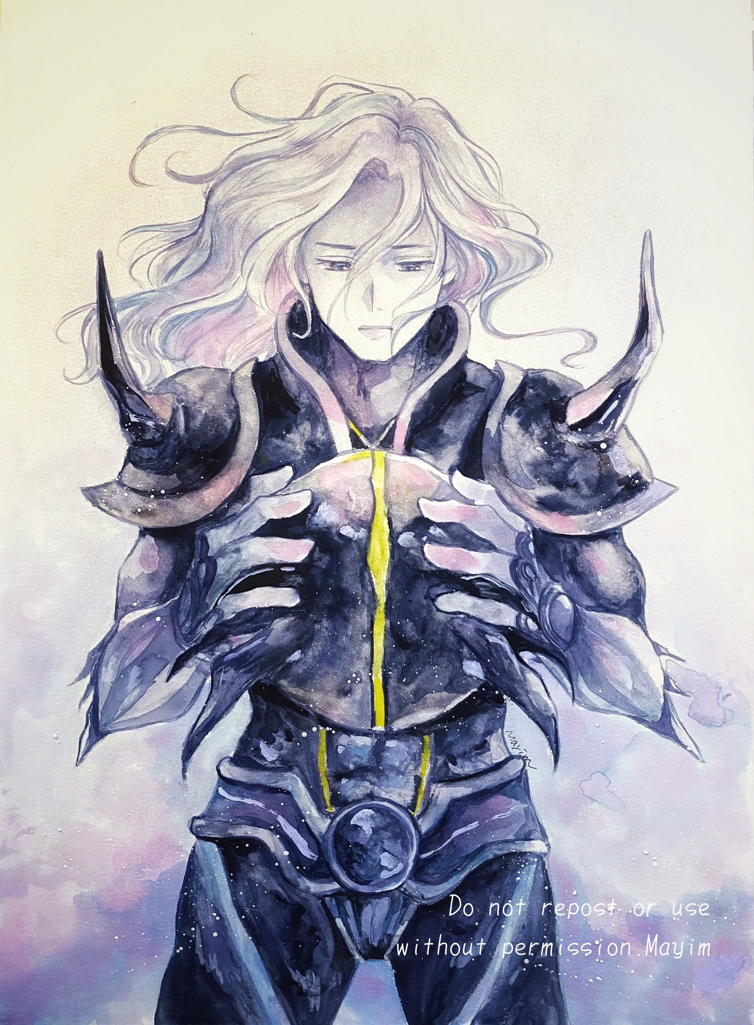 mayim, cecil harvey, dark knight (final fantasy), final fantasy, final fantasy iv, highres, traditional media, 1boy, armor, black armor, cowboy shot, fake horns, grey hair, hair between eyes, half-closed eyes, helmet, holding, holding unworn helmet, horned helmet, horns, light frown, long hair, male focus, parted bangs, shoulder spikes, solo, spikes, unworn headwear, unworn helmet, wavy hair