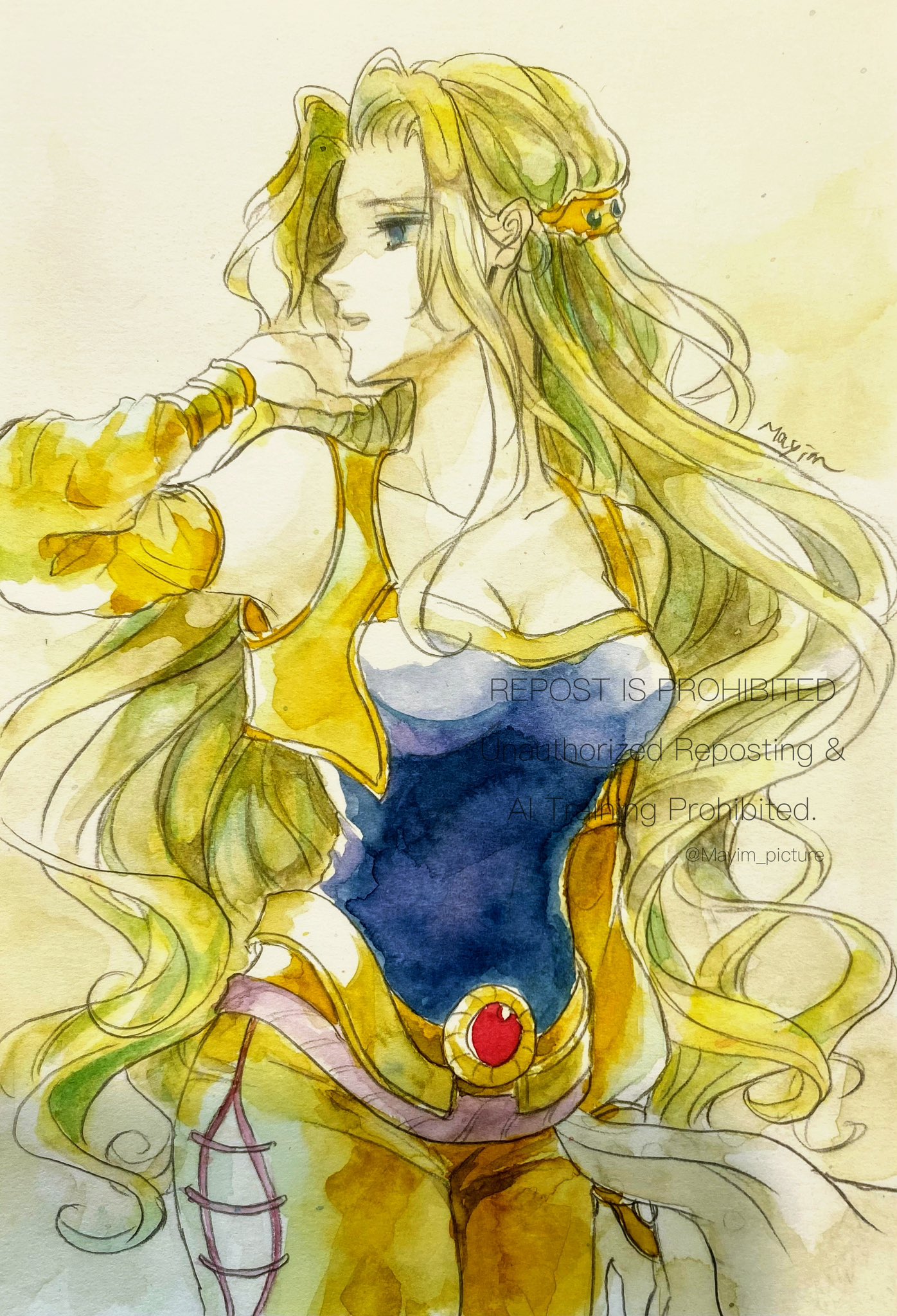 mayim, celes chere, highres, 1girl, artist name, bare shoulders, blonde hair, blue shirt, breasts, cleavage, cowboy shot, cropped vest, detached sleeves, gem, hair ornament, hand in own hair, japanese clothes, lace-up legwear, long hair, medium breasts, pants, parted bangs, parted lips, red gemstone, shirt, solo, vest, wavy hair, yellow pants, yellow sleeves, yellow vest