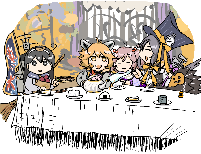hiya gohan, akebono (kancolle), akebono kai ni (kancolle), oboro (halloween) (kancolle), oboro (kancolle), sazanami (kancolle), sazanami (yukata) (kancolle), ushio (autumn 2015) (kancolle), ushio (kancolle), kantai collection, 4girls, :3, ahoge, animal ears, braid, broom, closed eyes, cup, food, grey hair, hat, jack-o'-lantern, machinery, multiple girls, odd one out, onigiri, rabbit, school uniform, serafuku, smile, sticker, sticker on face, sweet potato, table, tea set, teacup, teapot, top hat, wolf ears