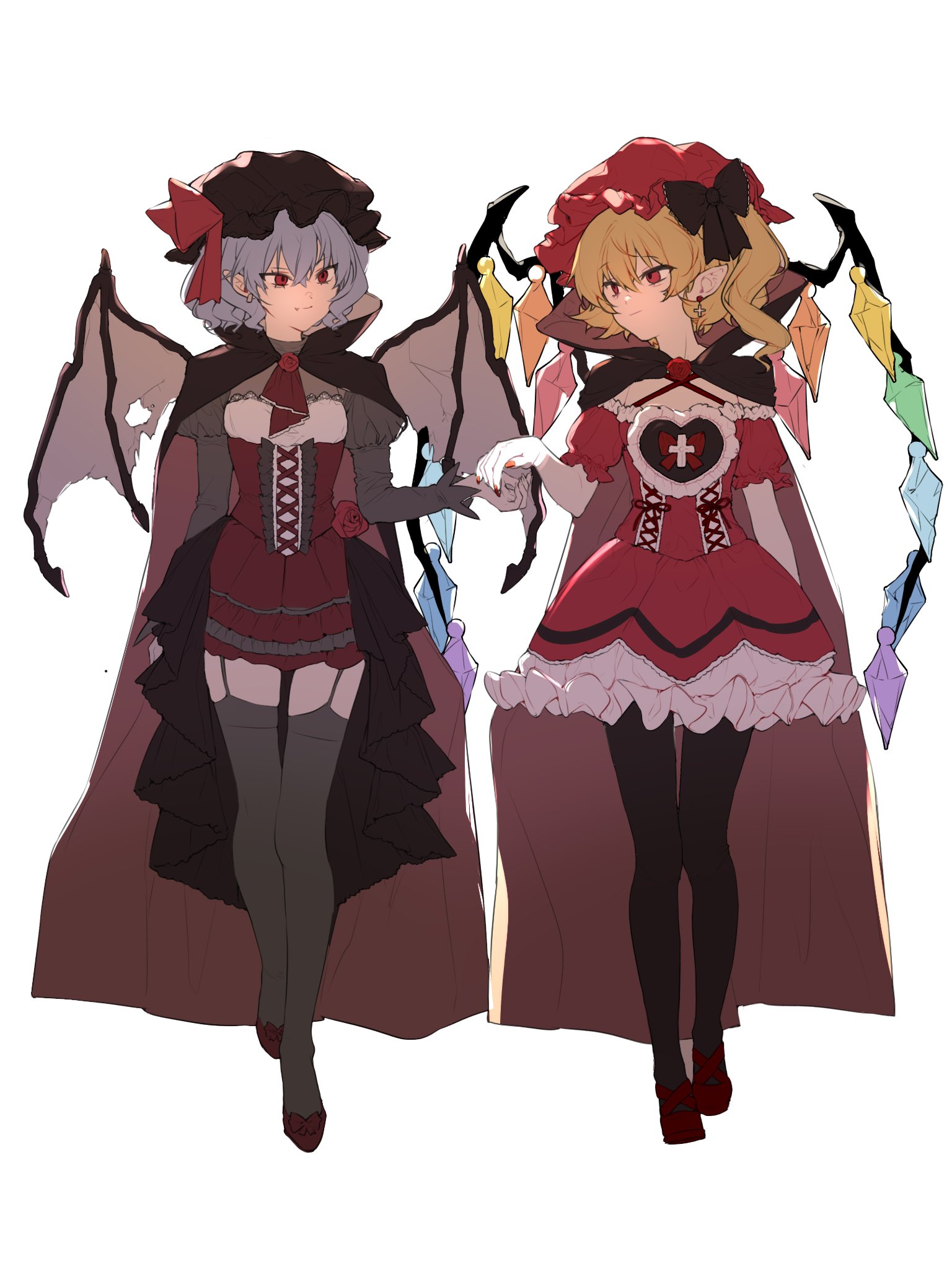 iwakoo, flandre scarlet, remilia scarlet, touhou, highres, 2girls, ascot, bat wings, black hat, black pantyhose, black thighhighs, blonde hair, blue hair, cloak, crystal wings, dress, frilled dress, frills, full body, hat, high-low skirt, holding hands, looking at another, mob cap, multiple girls, pantyhose, red ascot, red dress, red eyes, red hat, red shoes, shoes, siblings, sisters, thigh strap, thighhighs, wings