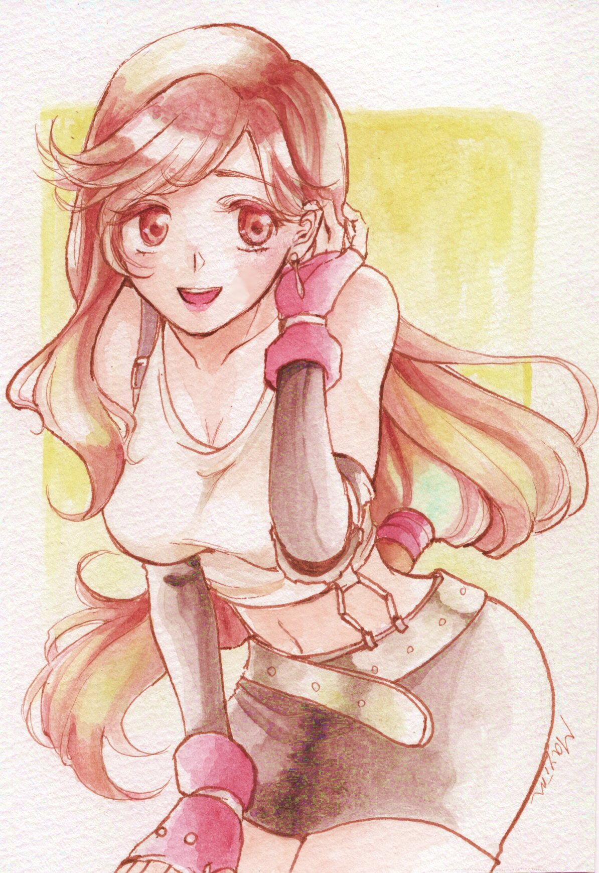 mayim, tifa lockhart, final fantasy, final fantasy vii, highres, traditional media, 1girl, artist name, bare shoulders, belt, black gloves, black skirt, border, breasts, brown eyes, brown hair, cowboy shot, crop top, earrings, elbow gloves, elbow pads, fingerless gloves, gloves, grey belt, hair tie, jewelry, leaning forward, long hair, low-tied long hair, medium breasts, midriff, miniskirt, navel, open mouth, red gloves, shirt, single elbow pad, skirt, sleeveless, sleeveless shirt, smile, solo, suspenders, swept bangs, white border, white shirt, yellow background
