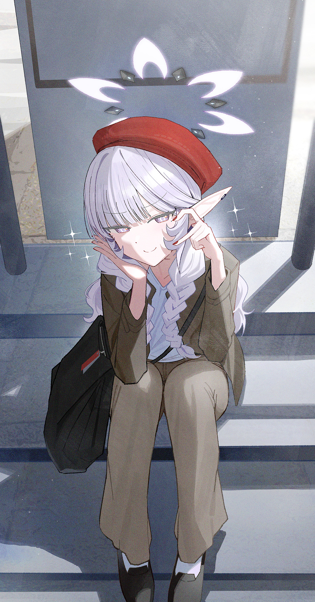 zanya 000, himari (blue archive), blue archive, highres, 1girl, alternate costume, bag, casual, halo, hat, jacket, long pointy ears, pointy ears, purple eyes, red hat, smile, white hair, white halo