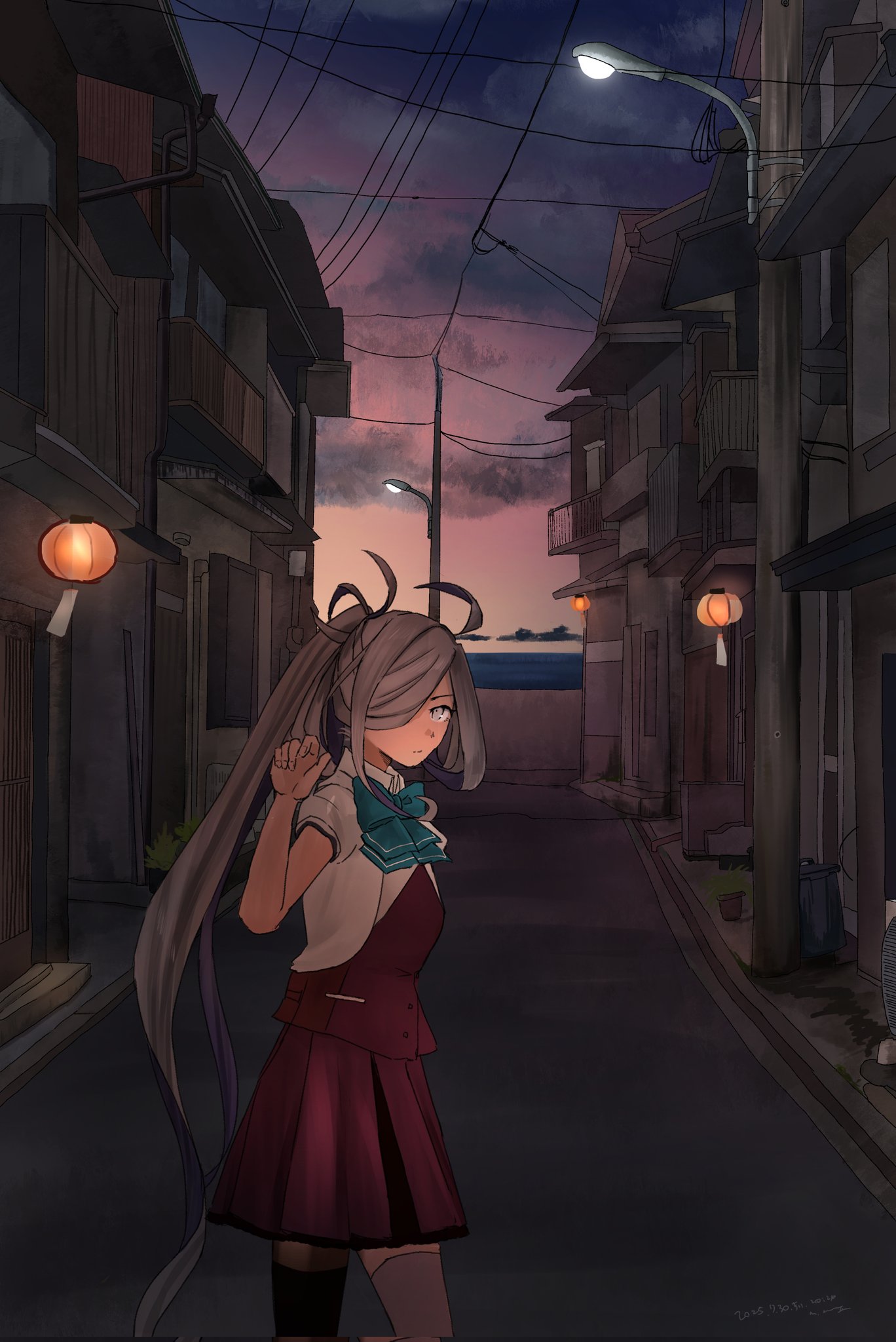 kuragare, asashimo (kancolle), asashimo kai ni (kancolle), kantai collection, highres, 1girl, ahoge, aqua bow, aqua bowtie, asymmetrical legwear, bow, bowtie, cloud, collared shirt, cowboy shot, dress shirt, dusk, gradient sky, grey eyes, grey hair, hair over one eye, house, lamppost, lantern, long hair, mismatched legwear, mismatched thighhighs, ponytail, power lines, purple skirt, road, scenery, school uniform, shirt, skirt, sky, solo, street, summer uniform, white shirt