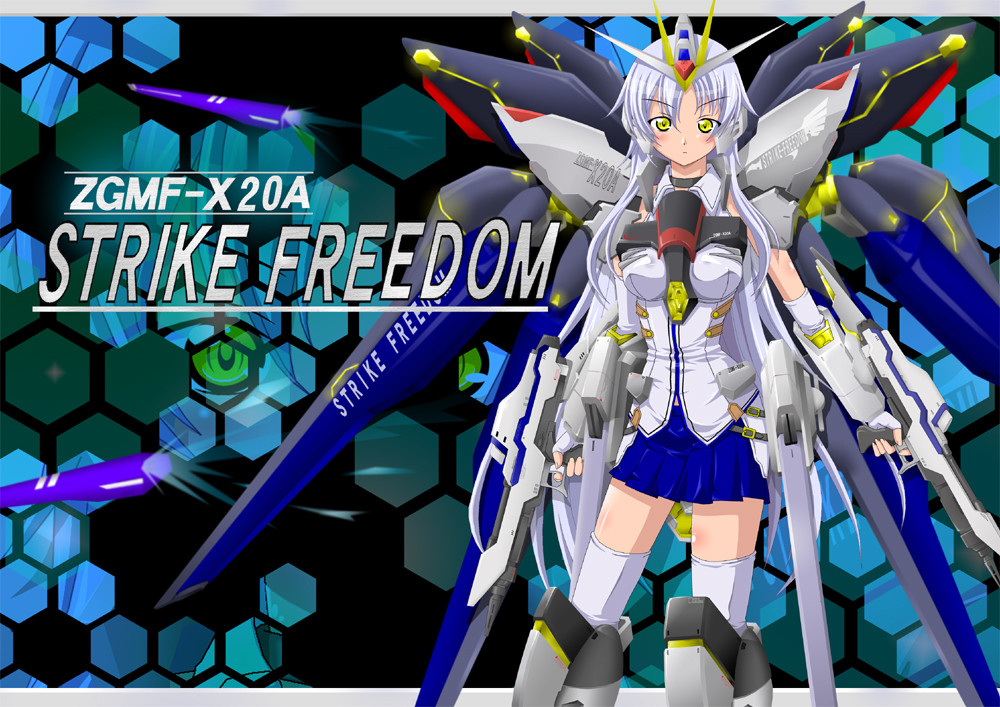 uripon, strike freedom gundam, gundam, gundam seed, 00s, 1girl, female focus, honeycomb (pattern), honeycomb background, honeycomb pattern, long hair, mecha musume, solo, thighhighs