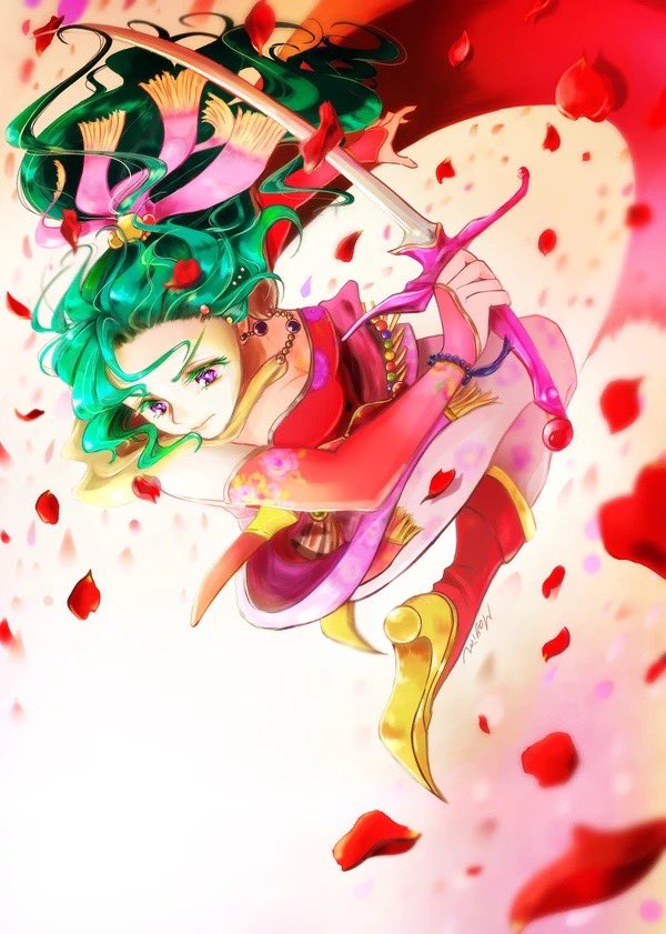 mayim, tina branford, final fantasy, final fantasy vi, 1girl, artist name, boots, breasts, cape, cleavage, detached sleeves, dress, earrings, falling petals, fighting stance, full body, furrowed brow, gold trim, green hair, hair bobbles, hair ornament, hair ribbon, high heel boots, high heels, holding, holding sword, holding weapon, jewelry, light frown, long hair, medium breasts, pantyhose, petals, pink ribbon, ponytail, print pantyhose, purple eyes, red boots, red dress, red petals, red sleeves, ribbon, sash, solo, sword, waist sash, weapon, yellow cape