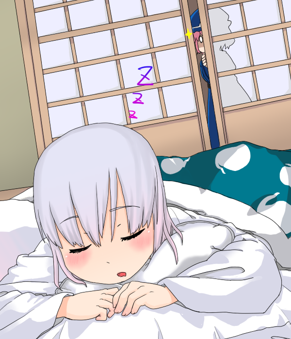 muku (muku-coffee), konpaku youmu, konpaku youmu (ghost), saigyouji yuyuko, touhou, silver hair, 2girls, blush, female focus, hat, hitodama, lying, multiple girls, on stomach, peeking, pink hair, short hair, sleeping, triangular headpiece, you gonna get raped, zzz