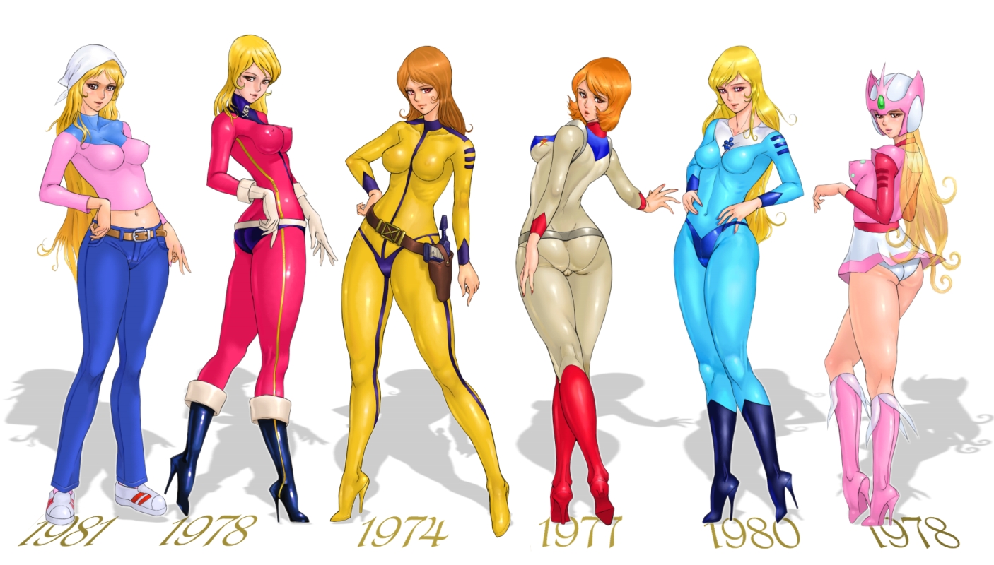 zen and retro, aurora hime, kei yuki, kodai sasha, lisa kirino, mori yuki, yukino yayoi, harlock saga, sf saiyuki starzinger, shin taketori monogatari sennen joou, uchuu kaizoku captain harlock, uchuu senkan yamato, wakusei robo danguard ace, black footwear, pink footwear, red footwear, yellow footwear, 1980s (style), 1970s (style), 1974, 1977, 1978, 1980, 1981, 6+girls, ass, belt, blonde hair, blue bodysuit, bodysuit, boots, breasts, brown eyes, brown hair, covered erect nipples, crossdraw holster, denim, dress, female focus, full body, green bodysuit, hand on own hip, hands on own hips, headscarf, helmet, high heel boots, high heels, hip focus, holster, impossible bodysuit, impossible clothes, impossible shirt, jeans, knee boots, large breasts, lineup, long hair, looking at viewer, looking back, medium breasts, microskirt, midriff, multiple girls, navel, oldschool, orange hair, panties, pants, pantylines, pantyshot, pink sweater, red bodysuit, retro artstyle, shadow, shirt, shoes, short dress, short hair, simple background, skin tight, skirt, sneakers, standing, stiletto heels, sweater, underwear, very long hair, weapon, white background, white panties, yellow bodysuit