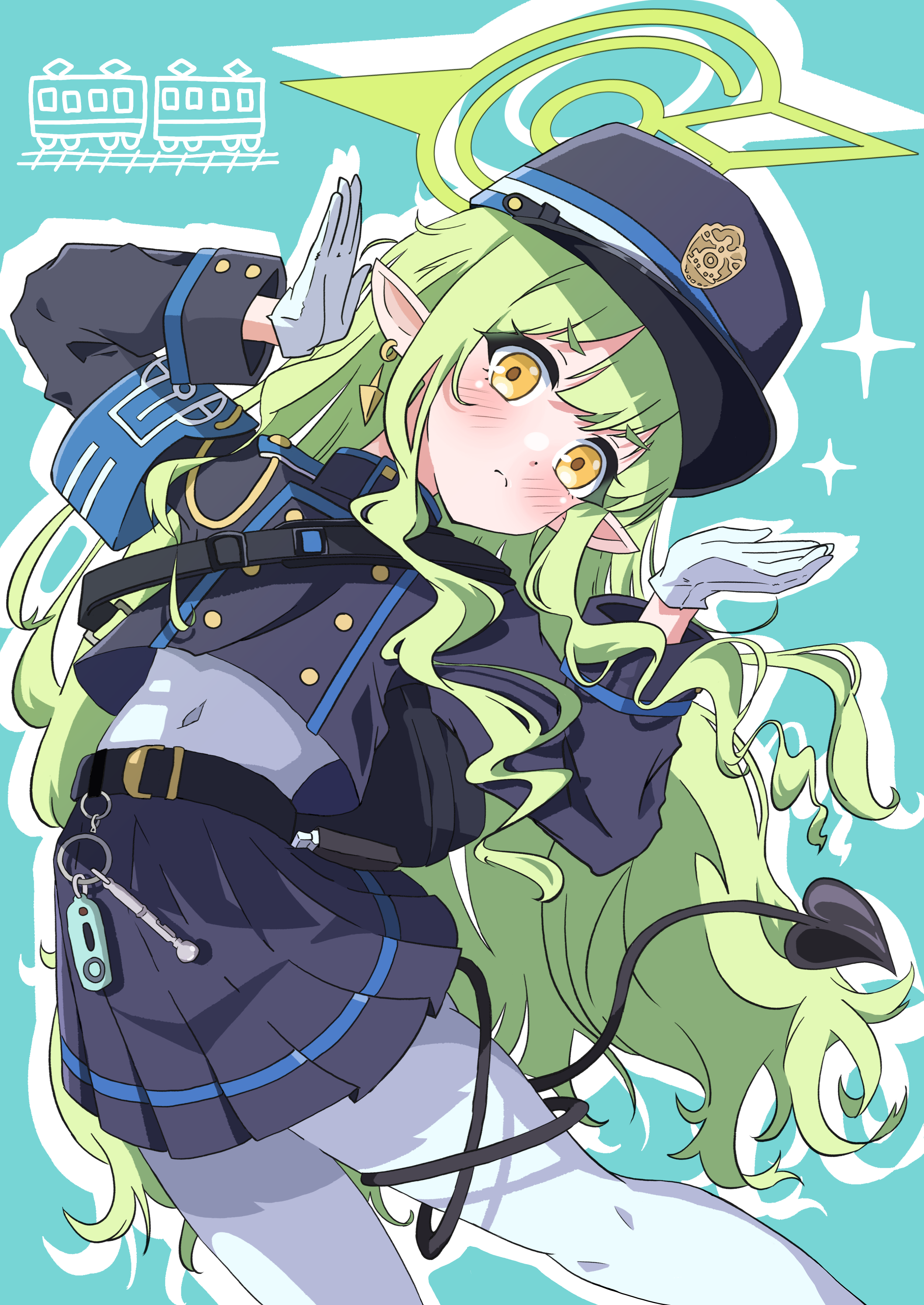 amanotti 01, hikari (blue archive), blue archive, absurdres, commentary, highres, 1girl, covered navel, gloves, green hair, halo, hat, long hair, pointy ears, skirt, solo, tail, white gloves, yellow eyes