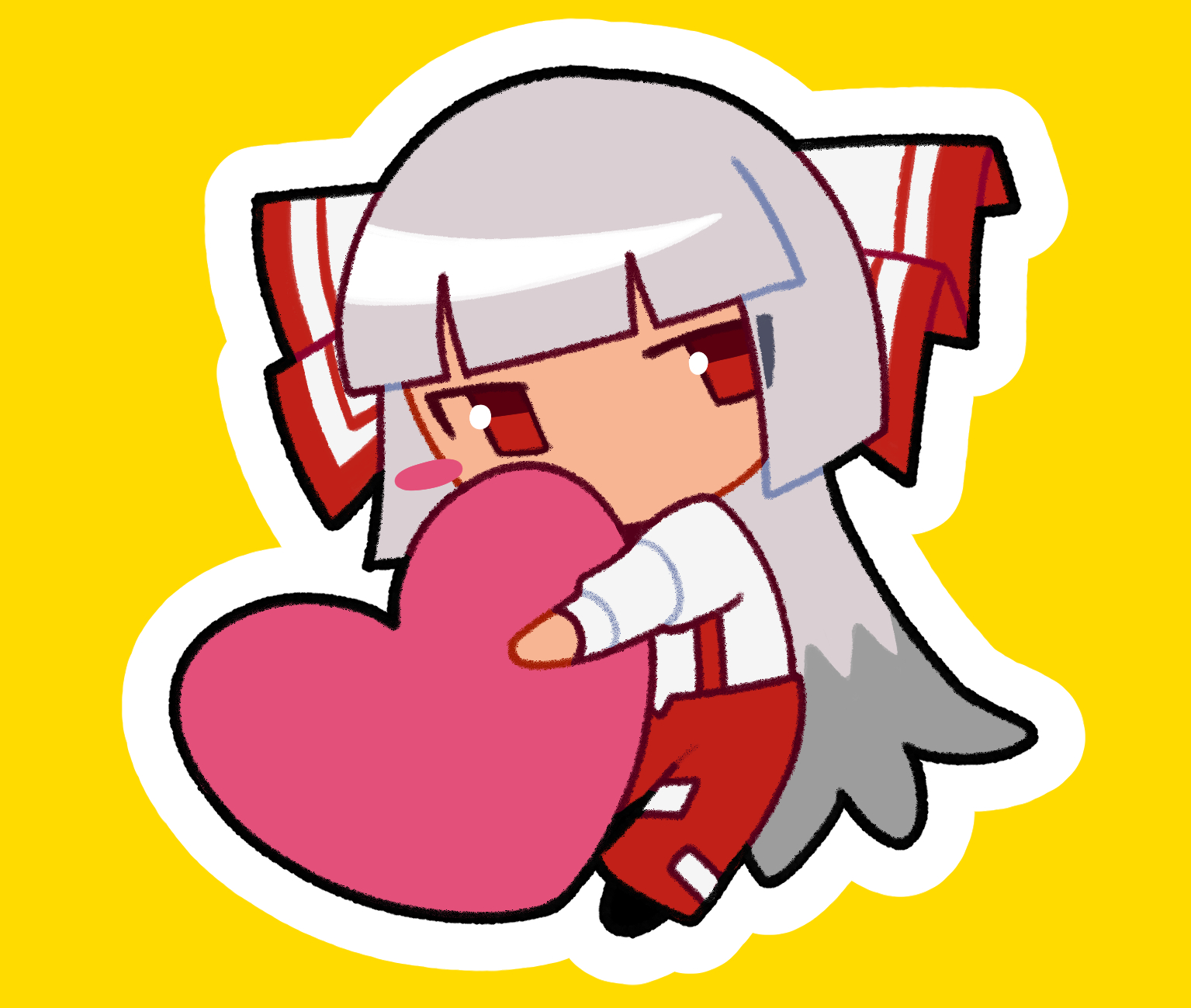 fujiwara no mokou, touhou, commentary, english commentary, highres, 1girl, blush stickers, bow, chibi, chibi only, hair bow, heart, long hair, looking at viewer, outline, pants, raislopfest, red eyes, red pants, shirt, solo, suspenders, white hair, white outline, white shirt