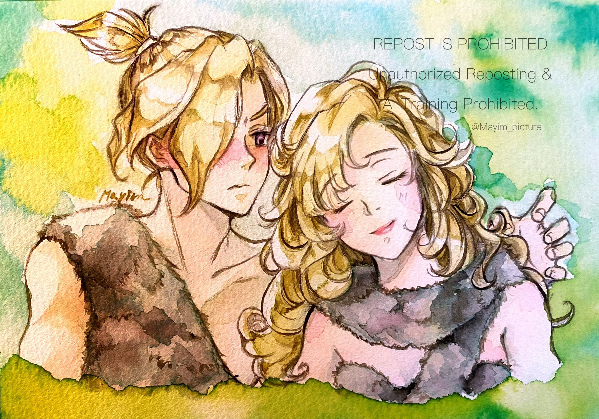 mayim, ayla (chrono trigger), kino (chrono trigger), chrono trigger, highres, traditional media, 1boy, 1girl, arm around shoulder, bare shoulders, blonde hair, caveman, cavewoman, closed eyes, cropped torso, curly hair, furrowed brow, grey scarf, grey shirt, grey tunic, hair over one eye, hetero, hover hand, light smile, long hair, looking at another, ponytail, scarf, shirt, short hair, short ponytail, smile, tunic, twitter username, upper body