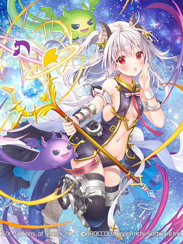 serino itsuki, dragon princess (z/x), z/x, official art, 1girl, black panties, black thighhighs, breasts, brown horns, copyright notice, dragon, dragon girl, dragon horns, dragon tail, grey hair, holding, holding staff, horns, long hair, magic, navel, open mouth, panties, red eyes, revealing clothes, small breasts, staff, tail, thighhighs, two side up, underwear, whispering