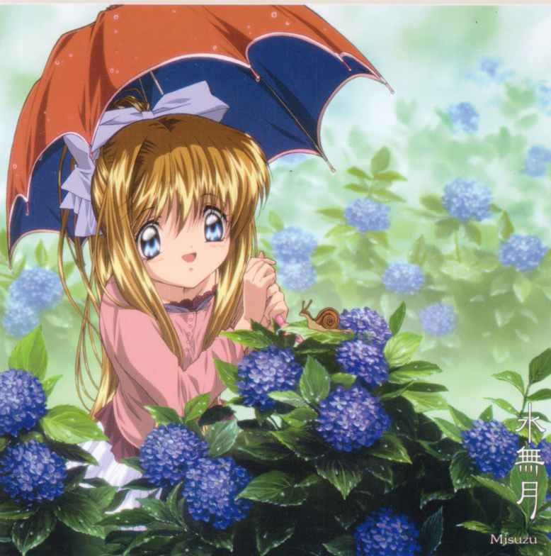 misuzu, kamio misuzu, air (visual novel), official art, 00s, blonde hair, blue eyes, flower, hair ribbon, hydrangea, key, long hair, ribbon, snail, solo, umbrella