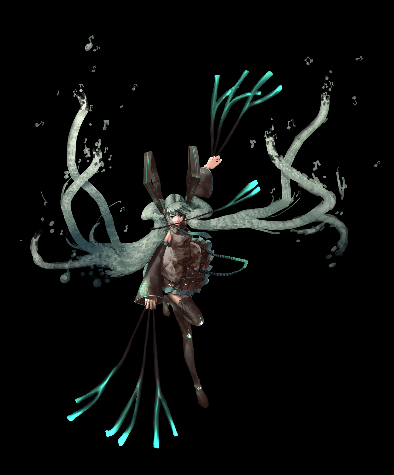 juun, hatsune miku, vocaloid, highres, 1girl, dark, digital dissolve, female focus, green eyes, green hair, long hair, matching hair/eyes, mouth hold, music, simple background, solo, spring onion, very long hair