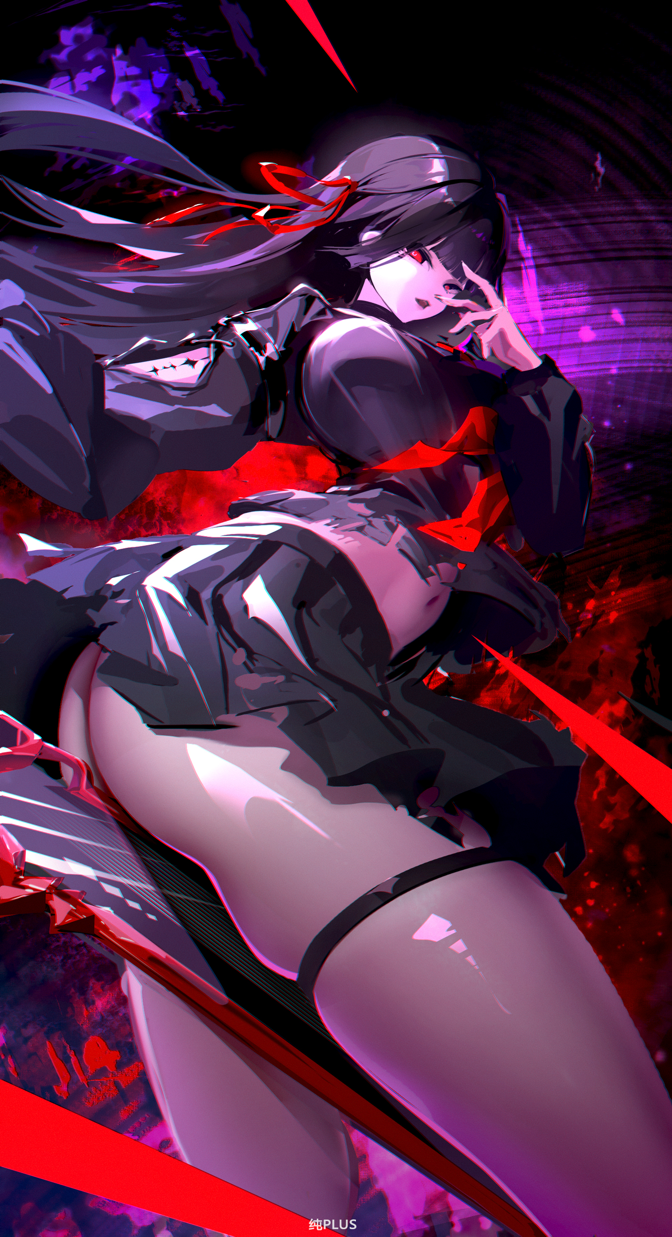 shou xian wu, chisa (wuthering waves), wuthering waves, absurdres, commentary request, highres, 1girl, alternate breast size (larger), arm cutout, ass, black hair, black serafuku, black shirt, black skirt, breasts, clothing cutout, crop top, feet out of frame, fingernails, hair ribbon, hand up, holding, holding sword, holding weapon, large breasts, long hair, long sleeves, looking at viewer, looking to the side, navel, neckerchief, no panties, open mouth, red eyes, red neckerchief, red ribbon, ribbon, school uniform, serafuku, shirt, skirt, solo, stomach, sword, tacet mark (wuthering waves), thigh strap, thighs, weapon