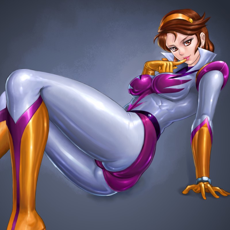 zen and retro, kazuki mai (gakeen), kazuki mai (magne robo gakeen), magne robo gakeen, 1970s (style), 1girl, arm support, ass, bodysuit, boots, brown eyes, brown hair, female focus, finger to mouth, headband, lips, oldschool, retro artstyle, skin tight, solo, watch, wristwatch