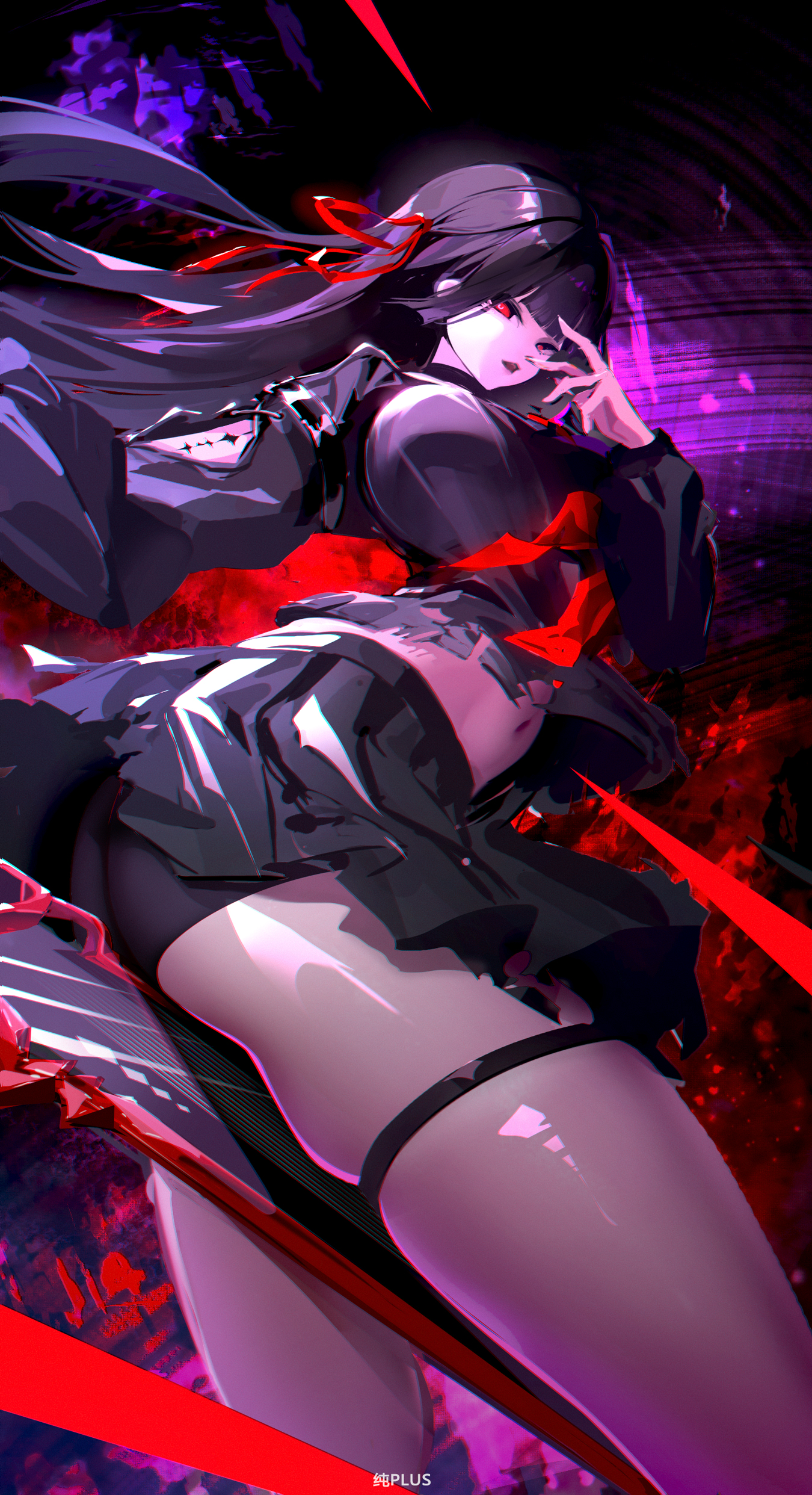 shou xian wu, chisa (wuthering waves), wuthering waves, absurdres, commentary request, highres, 1girl, alternate breast size (larger), arm cutout, ass, bike shorts, black hair, black serafuku, black shirt, black skirt, breasts, clothing cutout, crop top, feet out of frame, fingernails, hair ribbon, hand up, holding, holding sword, holding weapon, large breasts, long hair, long sleeves, looking at viewer, looking to the side, navel, neckerchief, open mouth, red eyes, red neckerchief, red ribbon, ribbon, school uniform, serafuku, shirt, skirt, solo, stomach, sword, tacet mark (wuthering waves), thigh strap, thighs, weapon