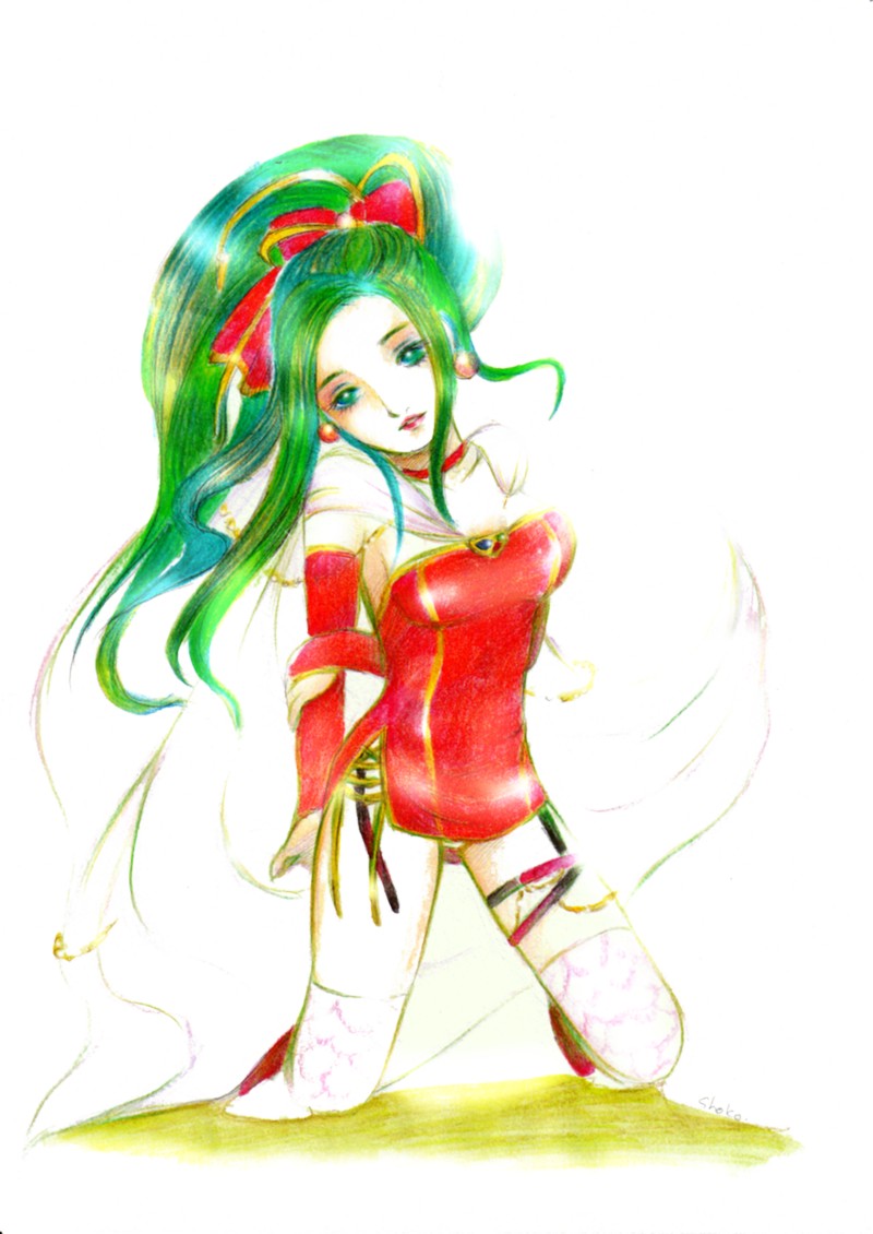 shokoshoko, tina branford, final fantasy, final fantasy vi, bad id, bad pixiv id, 1990s (style), 1girl, breasts, cape, female focus, green eyes, green hair, long hair, matching hair/eyes, ponytail, solo, thighhighs