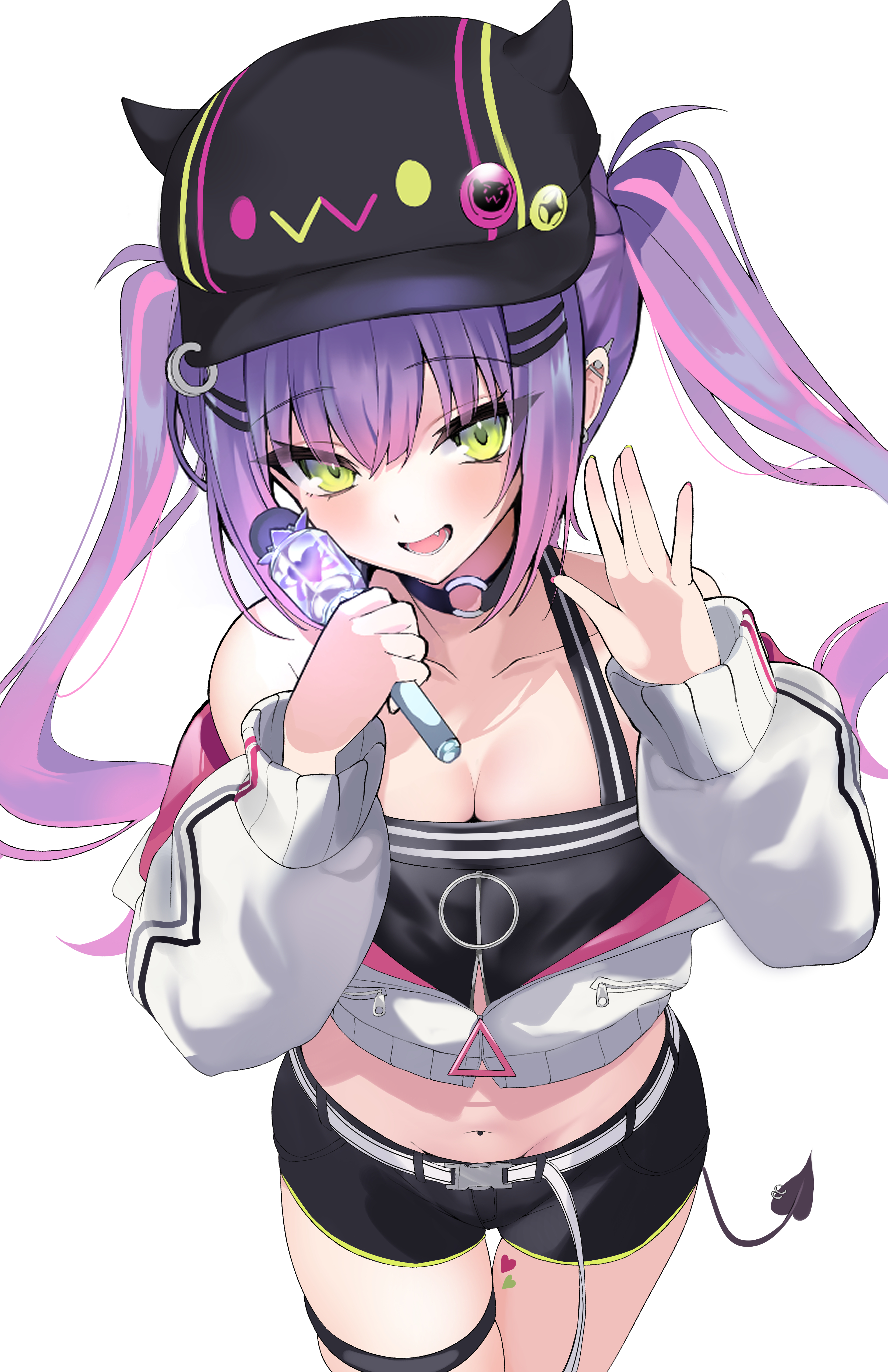 argule0901, bibi (tokoyami towa), tokoyami towa, tokoyami towa (1st costume), hololive, absurdres, commentary request, highres, 1girl, black hat, black shorts, black tank top, blush, breasts, choker, cleavage, collarbone, colored inner hair, cropped jacket, ear piercing, fake horns, green eyes, hand up, hands up, hat, holding, holding microphone, horned headwear, horns, jacket, long hair, looking at viewer, microphone, multicolored hair, multicolored nails, navel piercing, o-ring, o-ring choker, open mouth, piercing, pink hair, purple hair, short shorts, shorts, simple background, smile, solo, tank top, virtual youtuber, waving, white background, white jacket